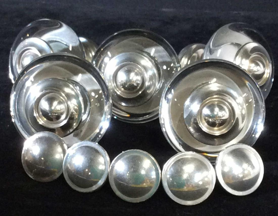 Set 10 Vintage Style Glass Door & Drawer Knobs: Silver toned dresser knobs and glass with silver tone door knobs. 5 of each. Door knobs weighted pieces , measure ( handle width 2.5 in.), depth app3.5 in. Screw on, no other hardware. Possibly vintag