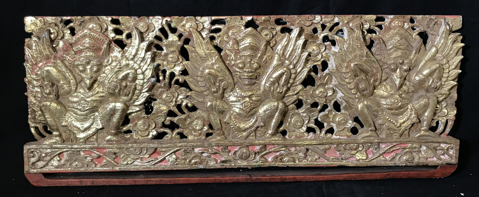 Far East Asian Zoomorphic Gods Sculpture: Far East Asian Zoomorphic Gods sculpture, carved from one single block of wood, possibly Indonesian, sculpture depicts three zoomorphic god life figures in a squatting position each with a set of of w