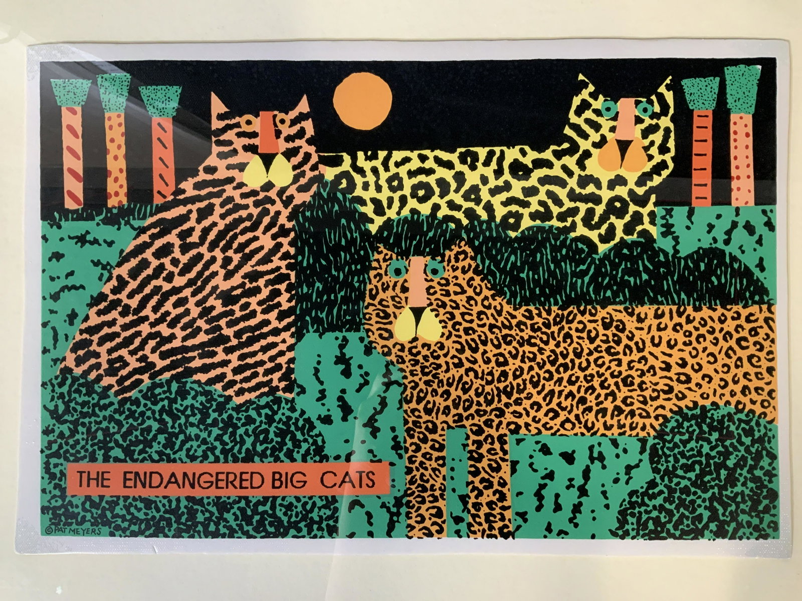 PAT MEYERS The Endangered Big Cats Lithograph: PAT MEYERS The Endangered Big Cats Lithograph, inscription reads ‘The Endangered big cats Pat Meyers’, subjects big cats in the jungle, measures 16 3/8 x 20 3/8 inches, gold toned metal frame, som