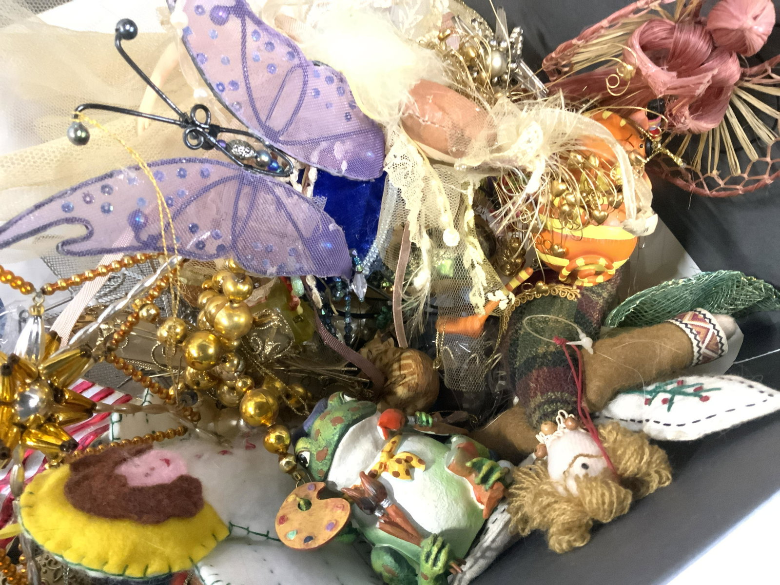 Group Lot Vintage Christmas/House Ornaments: Lot includes handmade, picture frames, mythical characters, country items, lots of cat figural ornaments, angels, moon faces, wood and ceramic ornaments, fairies, and beautiful Victorian style decor s