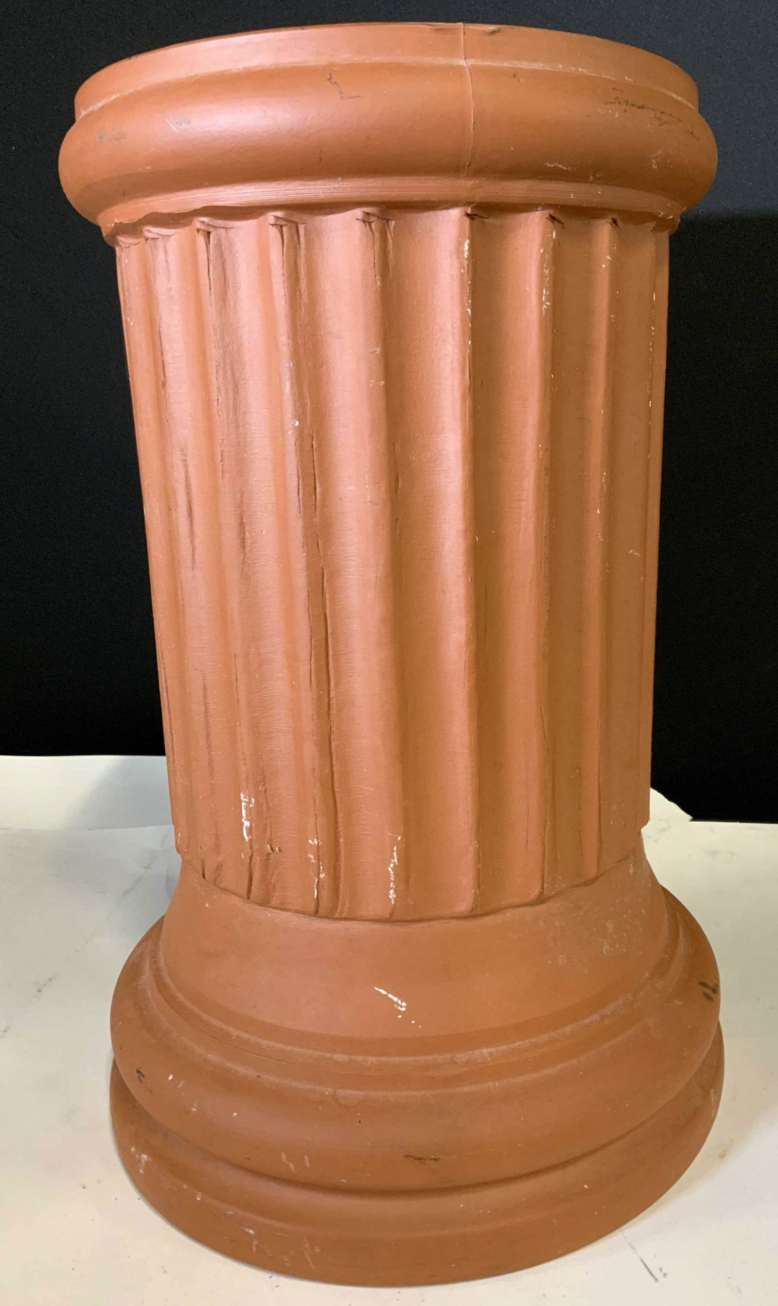 Terra Cotta Neo Classical Pillar Stand: Multi Uses for this Ceramic Stand. Center is hollow. Can be used in outdoor garden, created into a garden stool, up cycled into an indoor table with a piece of glass or mosaic creation, use to create 