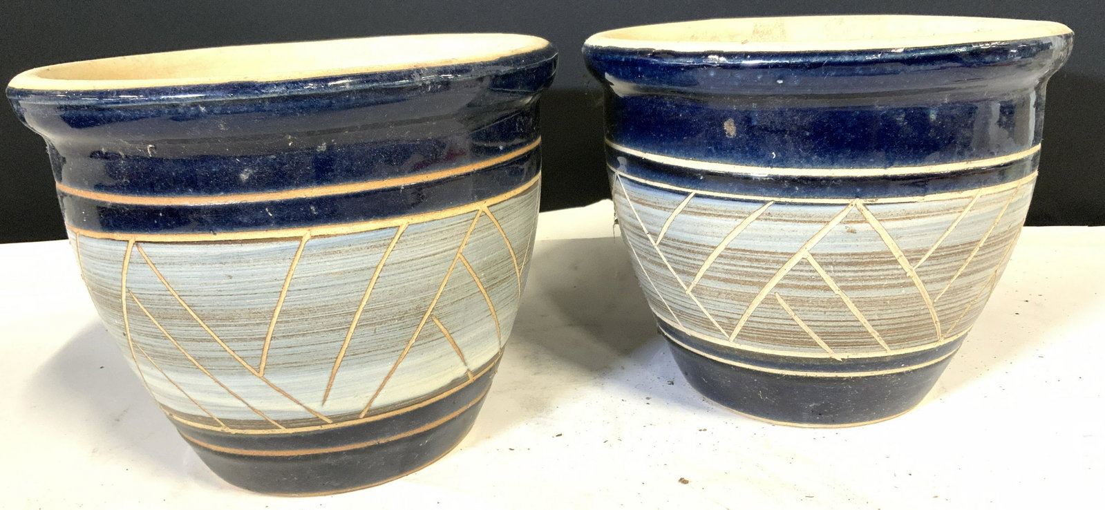 Pair Glazed Clay Ceramic Planter Pots: Blue glazed plant/ flower/ herb planters with drain hole. Cut clay design. 9 in. Diameter, 7.25 in ht. Hand crafted in Malaysia. jardiniere Pottery, White clay planters, Indoor Planters, outdoor Garde