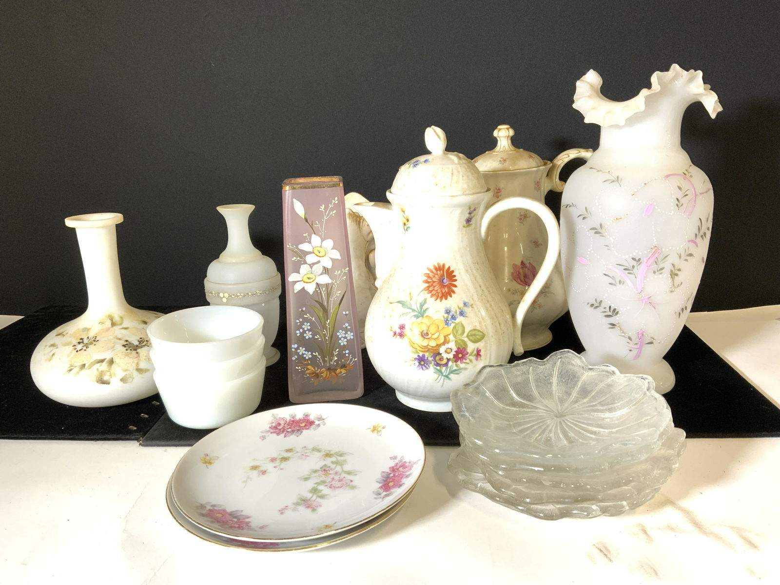 Lot 17 Vntg Porcelain & Glass Table Accessories: Lot Consists of hand painted porcelain teapots - Hutschenreuther DRESDEN Germany COVENT Garden & K& A Serb Bavaria ( chip to rim lid). Pair of porcelain Cherry China dishes, Japan. Set 5 underside etc