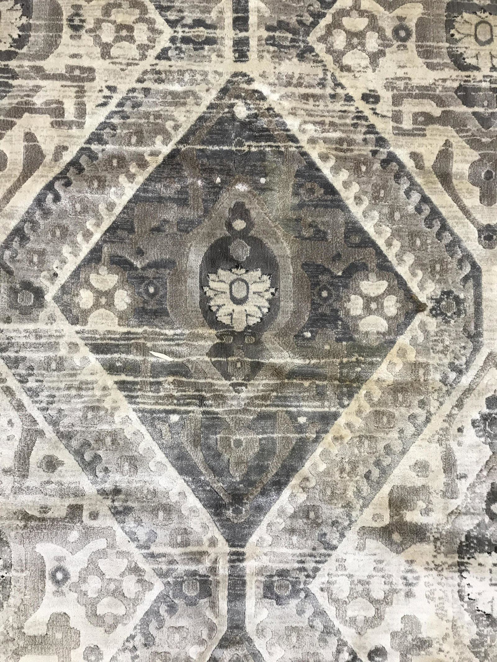 DYNAMIC RUGS Viscose Area Rug: Cream toned area rug, crafted from viscose, by DYNAMIC RUGS. Measures approx inches 128 inches long, and 92 inches W. Label on underside reads as WALK ON FASHION, DYNAMIC UGS, UTOPIA, 100% VISCOSE. We