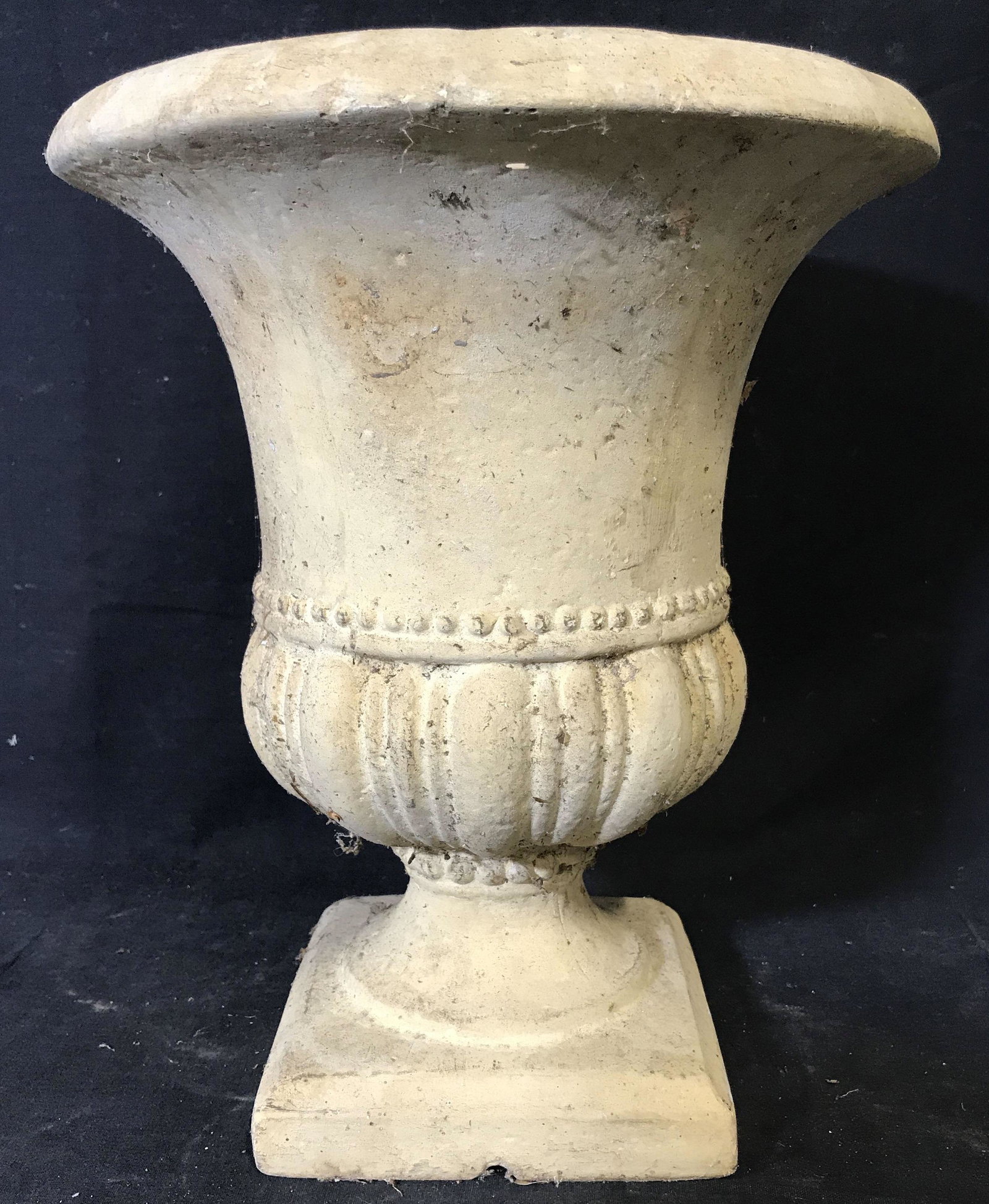 Ceramic Pedestal Pot: Ceramic pedestal pot, not glazed, measures 13.25 inches at tallest point and 11 inches in diameter, some chips to piece, dirt residue to piece, some stains and discoloration to piece from age, Ceramic