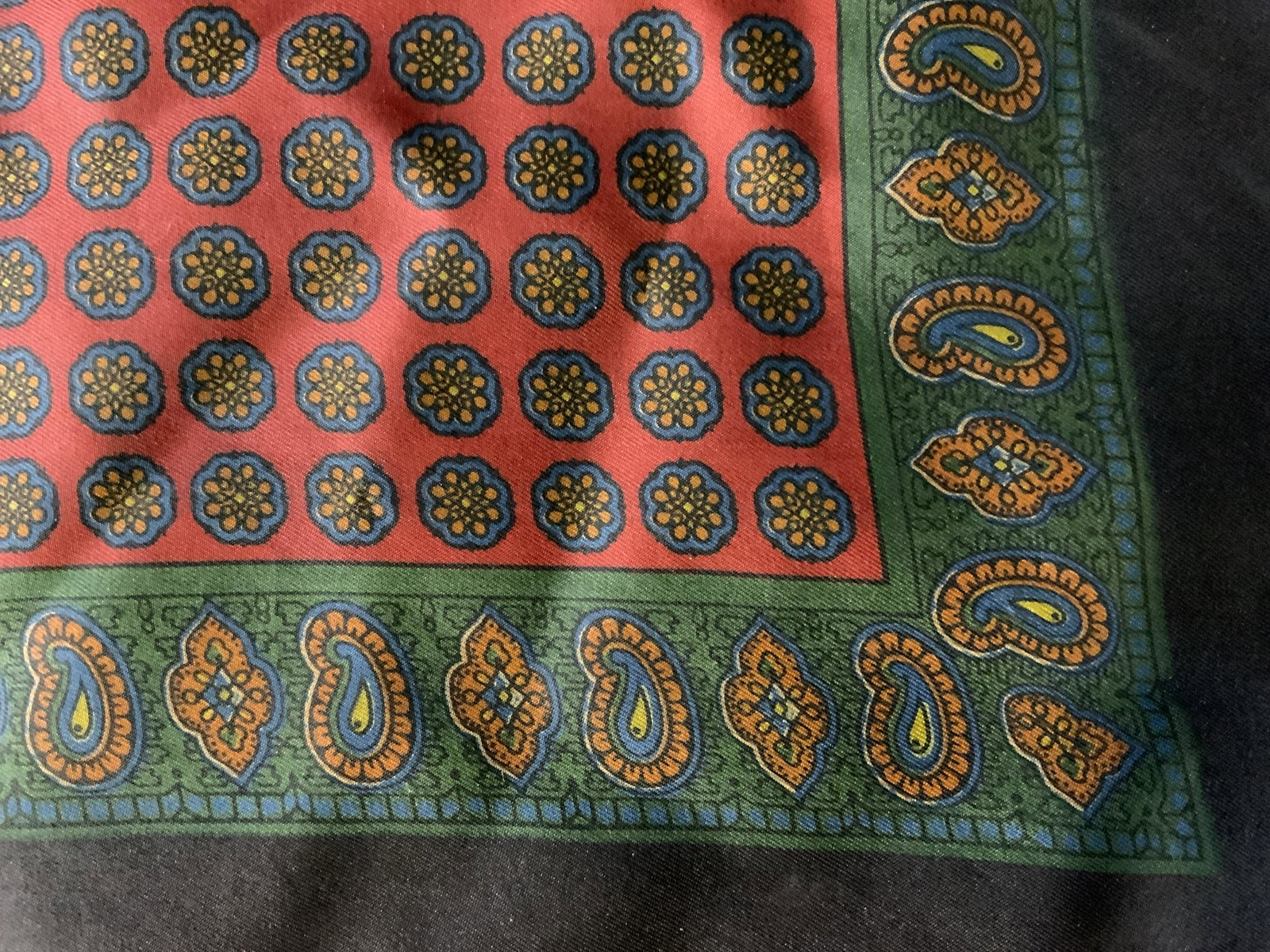 Lot 2 Women’s Scarves: Lot 2 Women’s Scarves, inscription to one scarf reads ‘Maurice’, designs feature abstract geometric patterns, scarf measures 9 7/8 x 42 inches, handkerchief measures 16 3/4 x 16 3/4 inches, in g