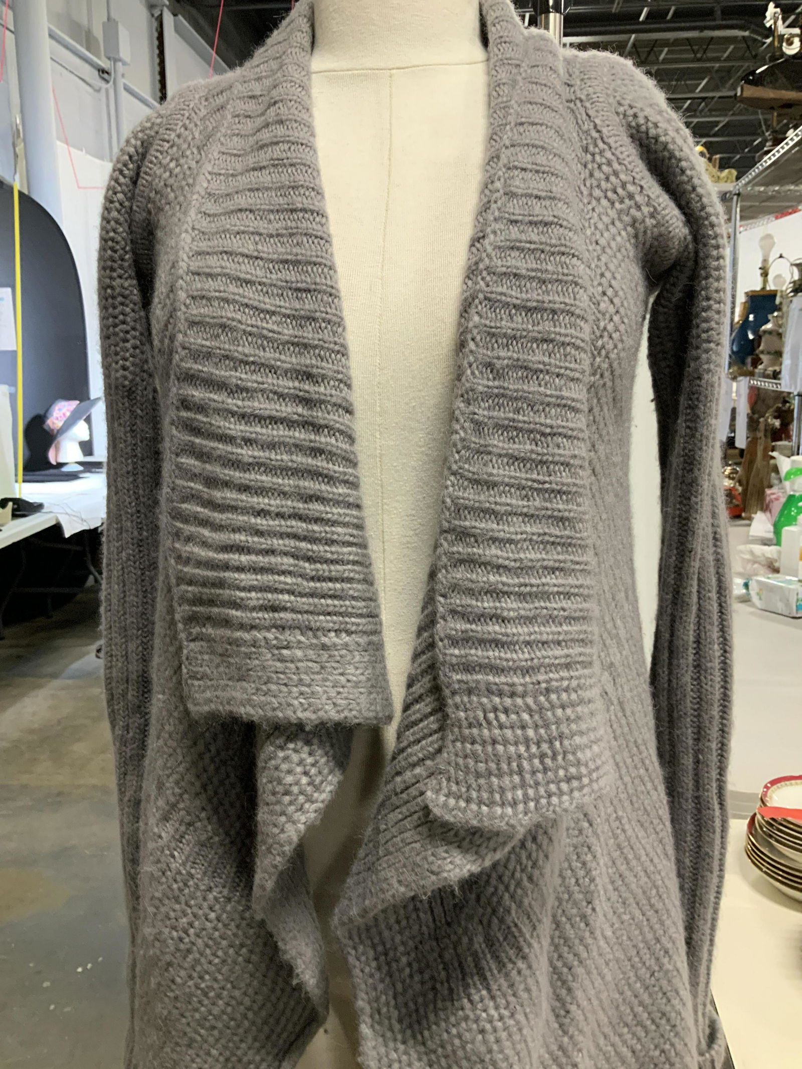 OLMAR & MIRTA Alpaca Mix Long Lgth. Sweater, Italy: Designer Rick Owens’ OLMAR & MIRTA Full length Sweater /Sweater Coat, medium Grey color, Size Med, Made In Italy, cascading shawl collar, open front, long backside. Original Designer Label attached,