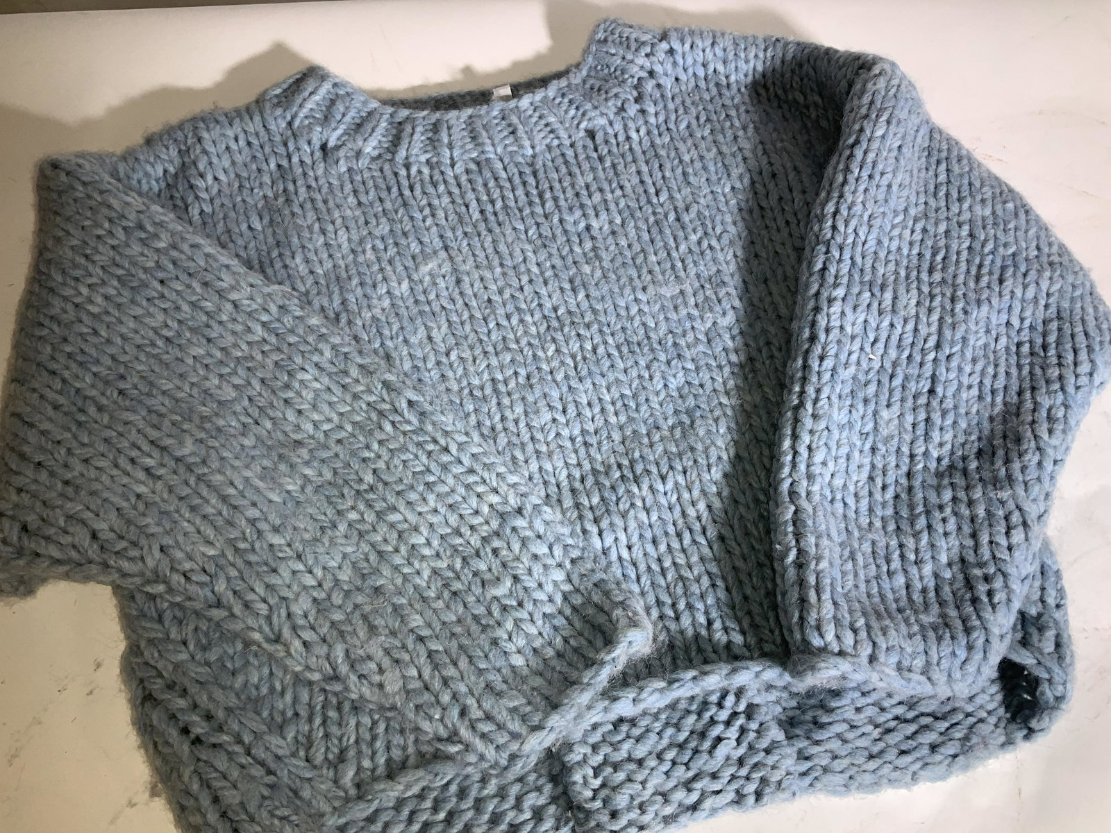 SOYER Herringbone Wool/Alpaca Pullover Sweater: This sweater is made with Wide yarn wool in light blue, knit in herringbone pattern. Size XS, generous to small sizes. Thick and warm. Wide crew neck. Stretches 24 in across. Length 19 in. Designer SO