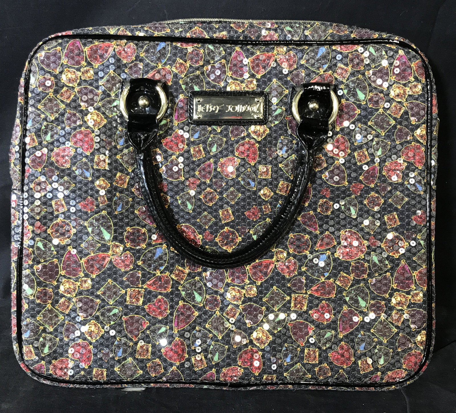 BETSY JOHNSON Sequined Laptop Bag: Betsy Johnson sequined laptop bag, brand label to exterior and interior reads ‘Betsy Johnson’, original tag located in the interior reads ‘Betsy Johnson, Laptop Case, Gems Black, BM93820, $68.00