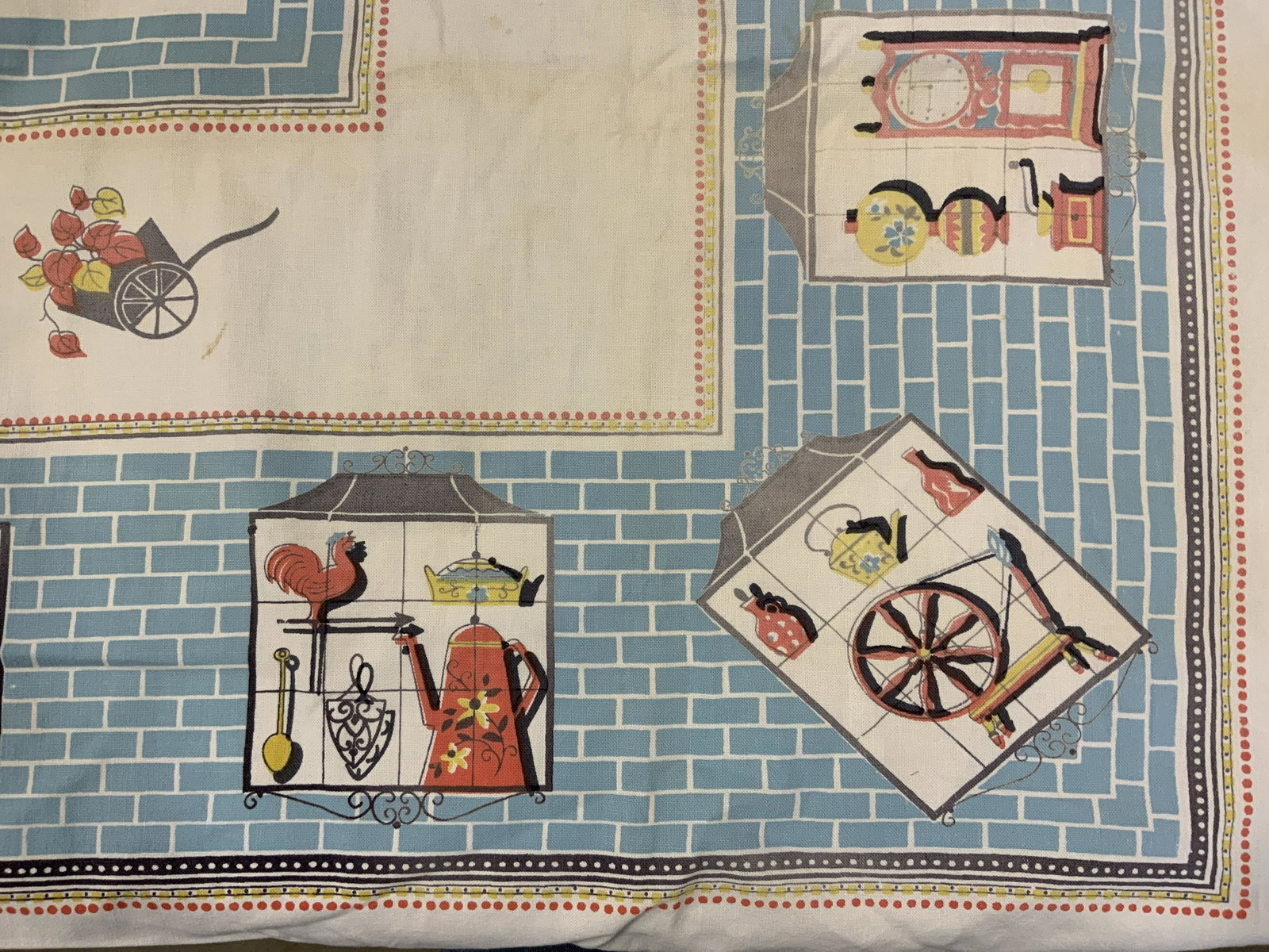 Vintage Tablecloth with Brick and Window Design: Vintage Tablecloth with Brick and Window Design, no apparent inscriptions or labels, has been cleaned ironed and pressed, measures 63 1/4 x 52 1/2 inches, wear consistent with vintage condition, Vinta