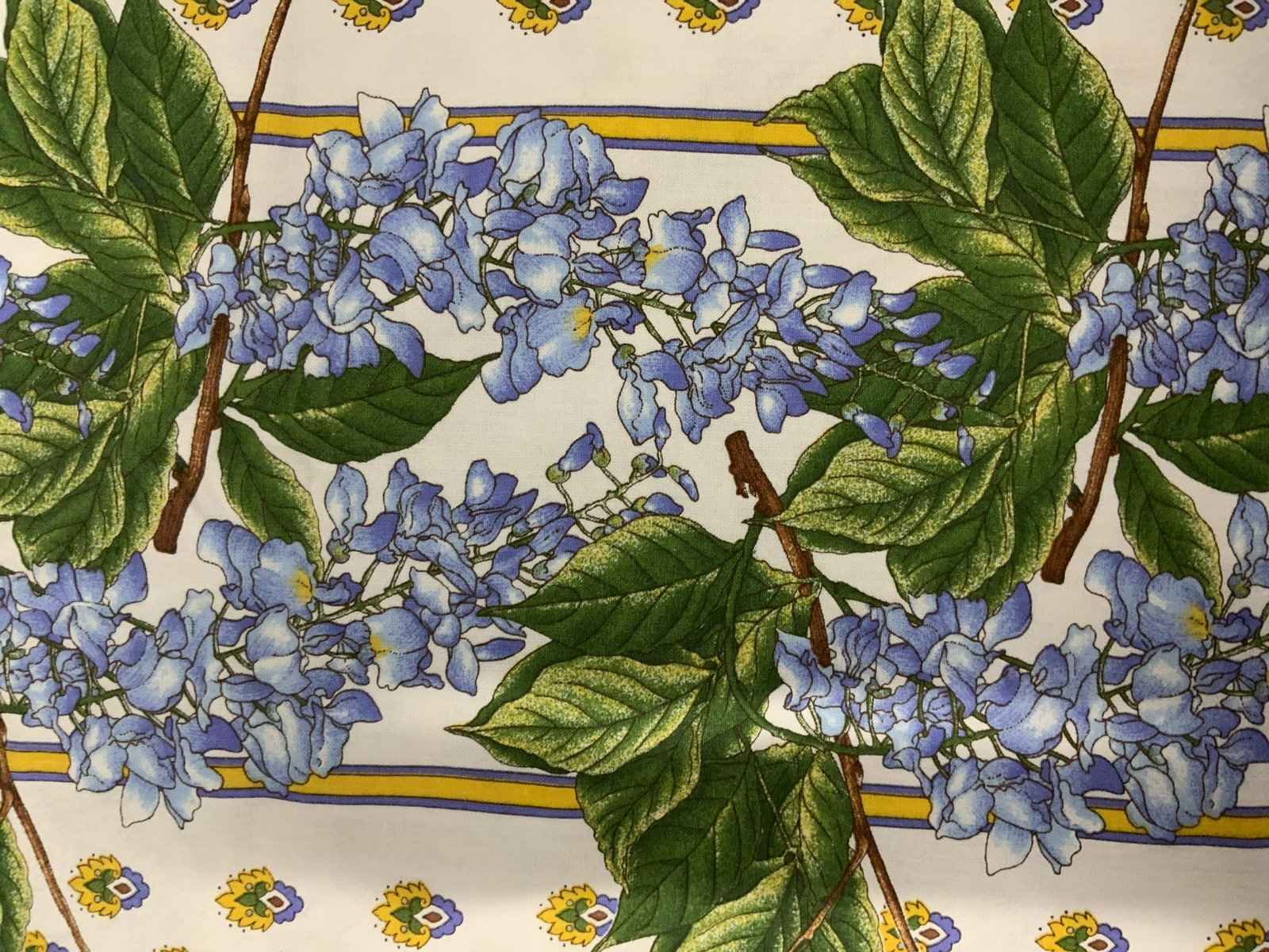 Collectible Vntg French Country Cotton Tablecloth: Thick cotton tablecloth with a French Country Floral Design. Possibly vintage, app 112 x 67.5 in. rich colors, violet, yellow, green, white. Tablecloth, collectible French Country table linen, tableto