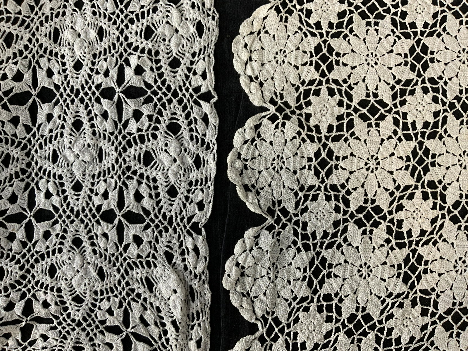 Set 2 Vintage Crocheted Tablecloths: Set 2 Vintage Crocheted Tablecloths, possibly French, no inscriptions or labels, one measures 72 x 56 3/4 inches, other tablecloth measures 72 1/4 x 68 7/8 inches, some stains to fabric, wear consiste