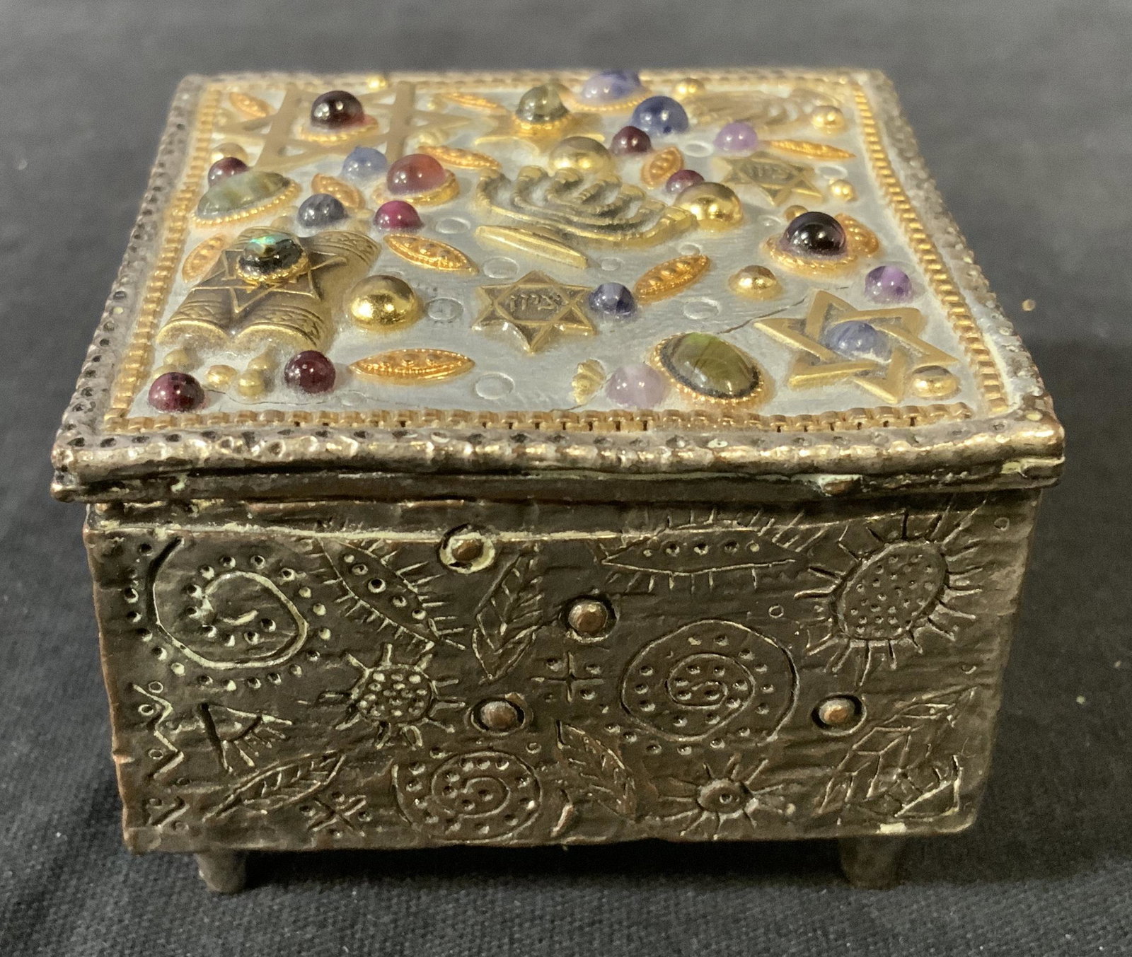 MICHAL GOLAN 24k Gold & Sterling Silver Box: MICHAL GOLAN 24k Gold & Sterling Silver Box, inscription to base reads ‘Michal Golan’, Michal Golan decorative box handmade with semi-precious stones of abalone, amethyst, garnet, iolite, sodalite