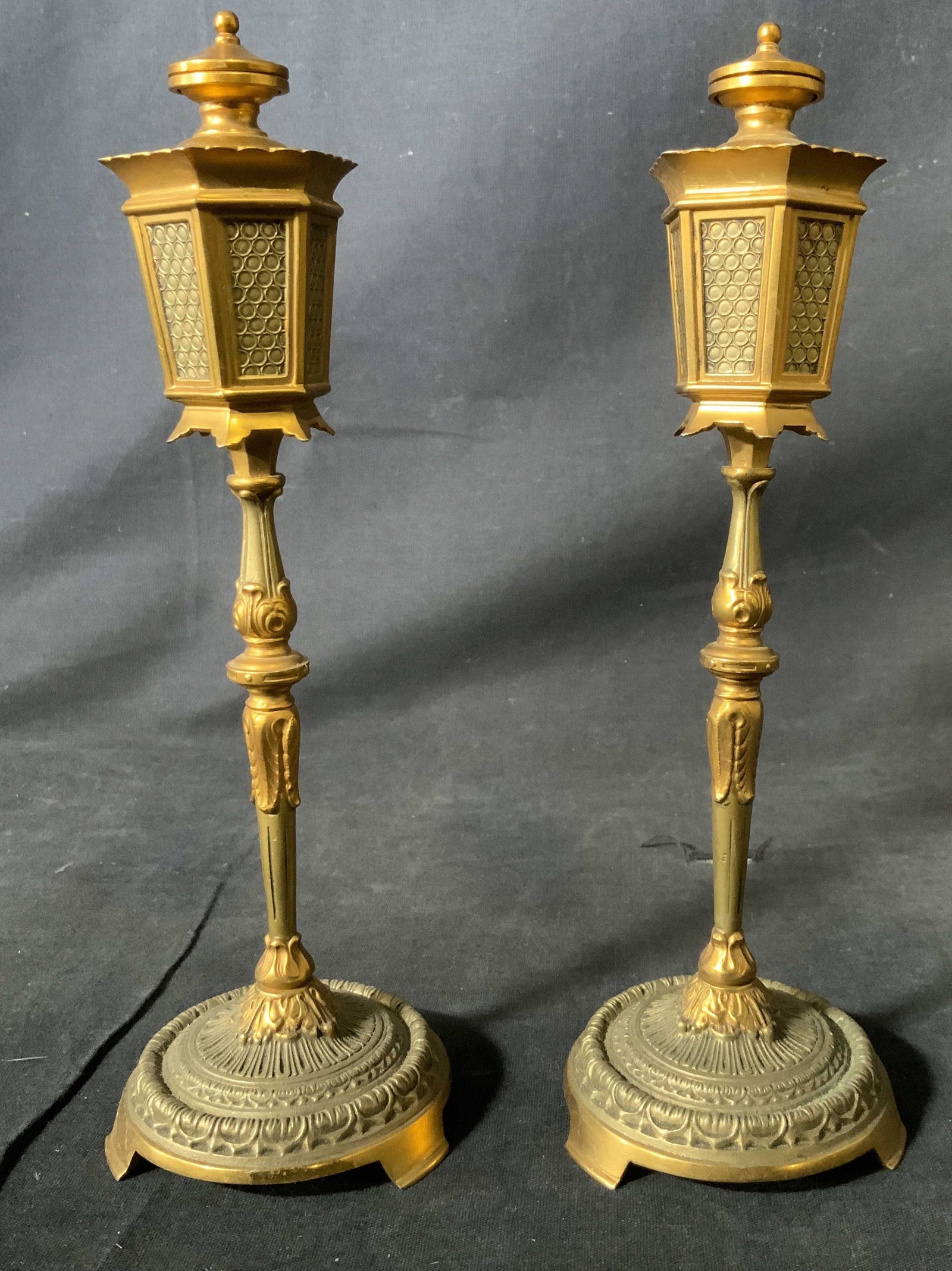 Pair ERHARD & SONS Brass Table Lighters: Pair ERHARD & SONS Brass Table Lighters, label to base reads ‘Erhard’, both measures 9 5/8 inches tall x 3 1/8 inches in diameter at base, some surface wear but overall in good condition, Pair, er