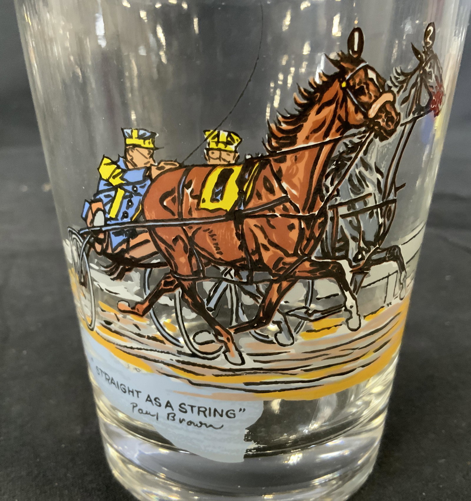 Set 6 PAUL BROWN Glasses, Horse Race: Set 6 PAUL BROWN Glasses, each depicts scene of horse races, horses pulling men in carriages, inscription to glasses read ‘Oil in the Can’, ‘The Winner’, ‘A Ton the Best’, ‘Trotting a Ho
