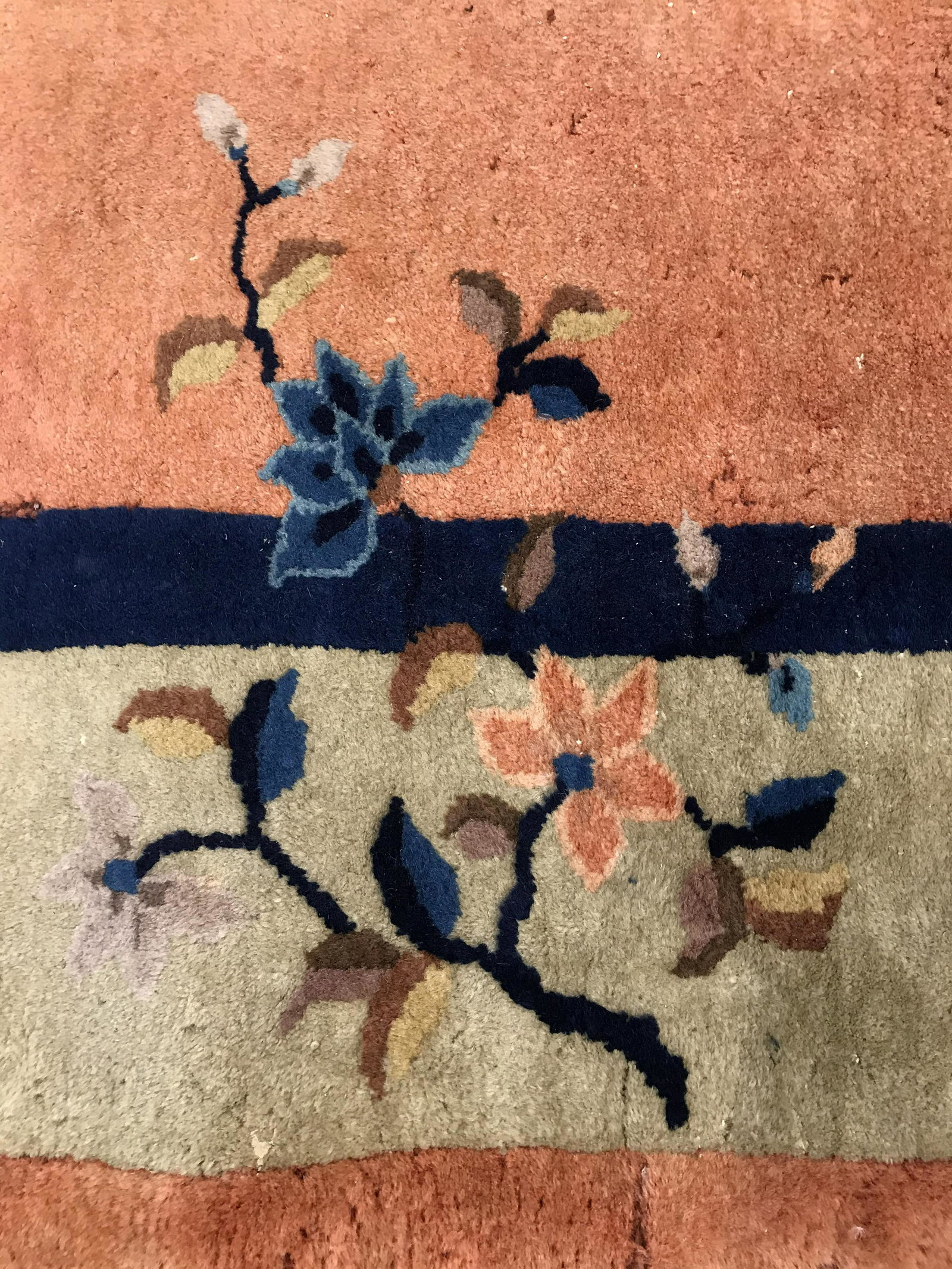 Handmade Chinese Art Deco Wool Rug: Rug is wool pile and handmade. Rug contains multi toned floral vine leaf and bird detail. Piece measures approximately 141 inches long 108 inches wide. Rug, carpet, area rug, Chinese Art Deco rug, han