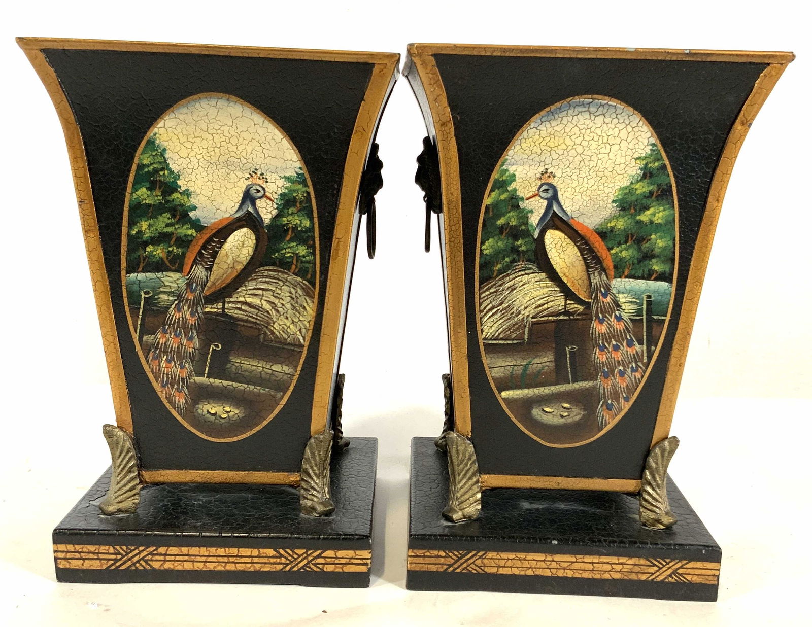 Pair Peacock Design Toleware Cache Pots: Vases, vessels, cache pots, black with gold toned accents, pheasant designs and lion with ring handles, each measures app 11.5 inches, app 7.5 inches square, decorative objects, decorative accessories
