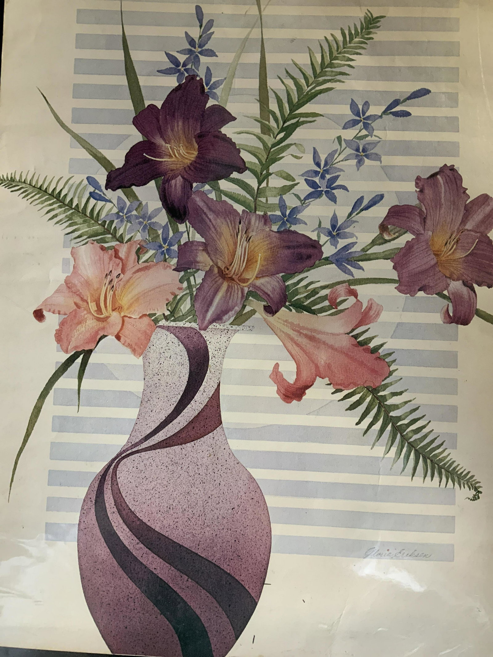 GLORIA ERIKSEN Still Life Offset Lithograph 1983: GLORIA ERIKSEN Still Life Offset Lithograph 1983, inscription to lower portion of piece reads ‘Gloria ERIKSEN Litho in USA Bernard Picture Co Inc Stamford, CT 1983 Fl 1798’, measures 27 7/8 x 21 3