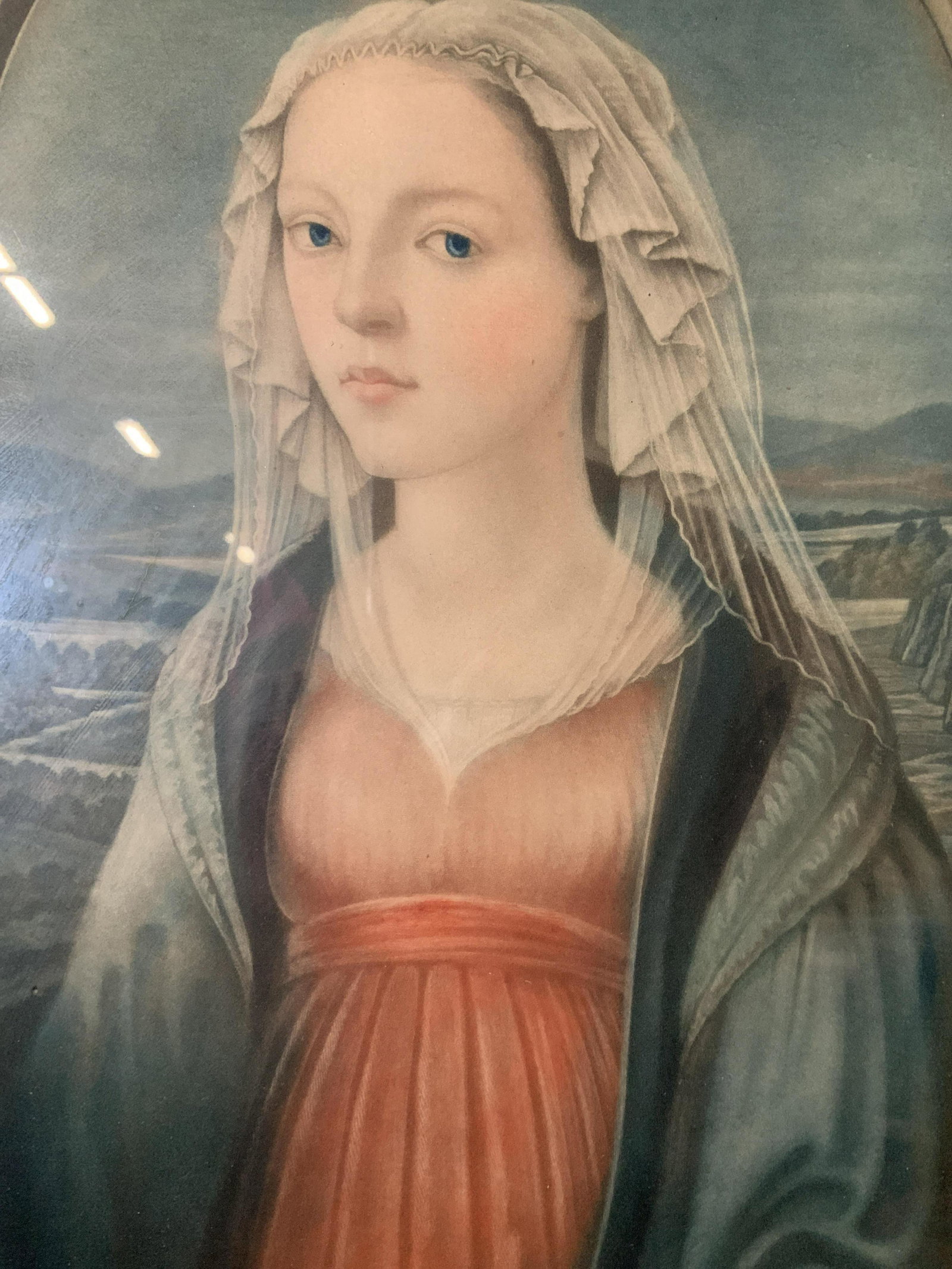 Signed Italian Renaissance Style Lithograph: Signed Italian Renaissance Style Lithograph, signature and inscription to lower right illegible, subject a portrait of a woman in a veil, measures 24 3/8 x 14 1/4 inches, decorative wooden frame paint