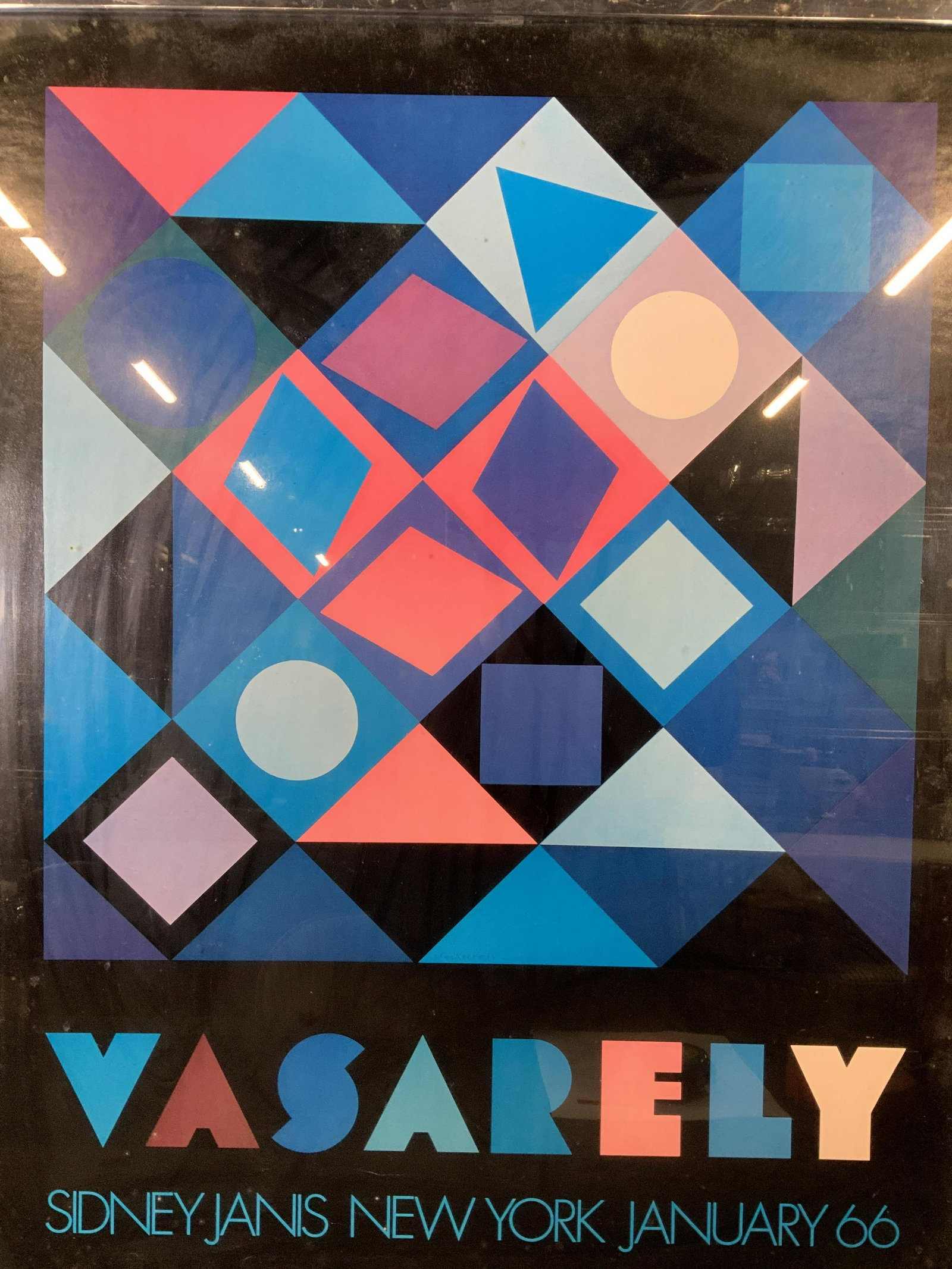 VICTOR VASARELY Sidney Janis Gallery Poster 1966: VICTOR VASARELY Sidney Janis Gallery Poster 1966, inscription reads ‘Vasarely Sidney Janis New York January 66’, label to reverse reads ‘S Malatzky Fine Framing’, subject abstracted shapes, me