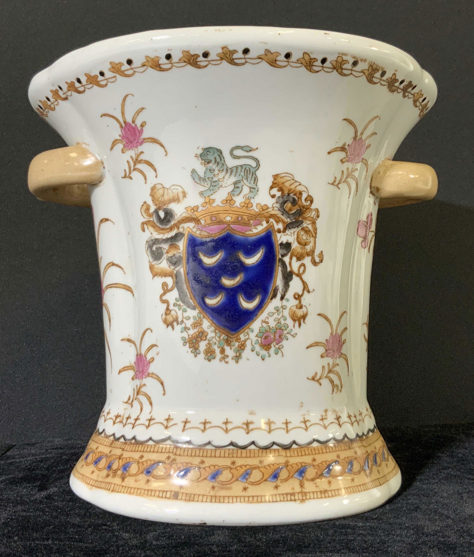 Vintage Sig. Hand Painted Asian Porcelain Cachepot: Vintage, possibly antique, white porcelain cache pot with Asian motifs throughout. Hand painted, colors include browns, greens, blacks, blues, and pinks. Gilt designs along rim, gilt lined designs thr