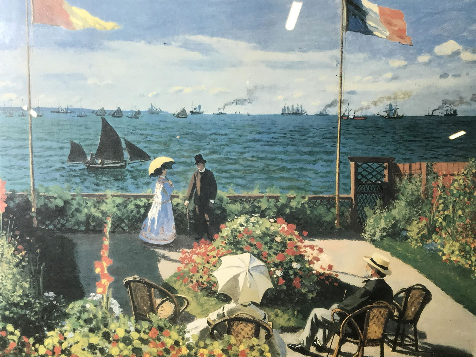 CLAUDE MONET Offset Lithograph Artwork: Claude Monet offset lithograph of painting ‘Garden at Saint Adresse’, no apparent signatures or stamps, subject the masterwork by Monet Garden at Saint Adresse created in 1867, double matted in bl
