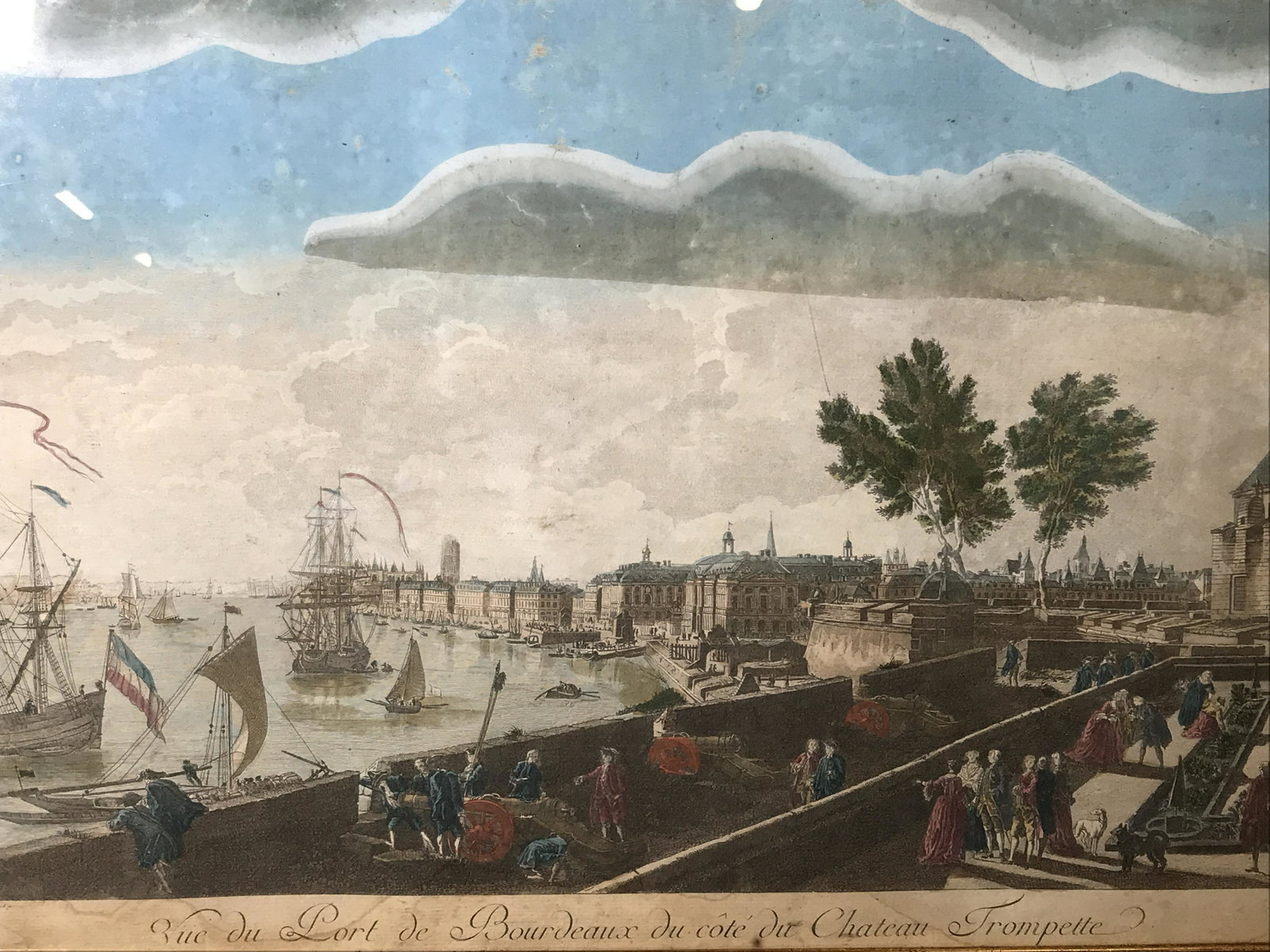 French Colonial Waterside Townscape Lithograph: French colonial waterside townscape lithograph, title to lower border reads ‘Vue du Port de Bordeaux du Côte du Chateau Trompette’, text to lower right corner reads ‘Corvit S’, text to lower 