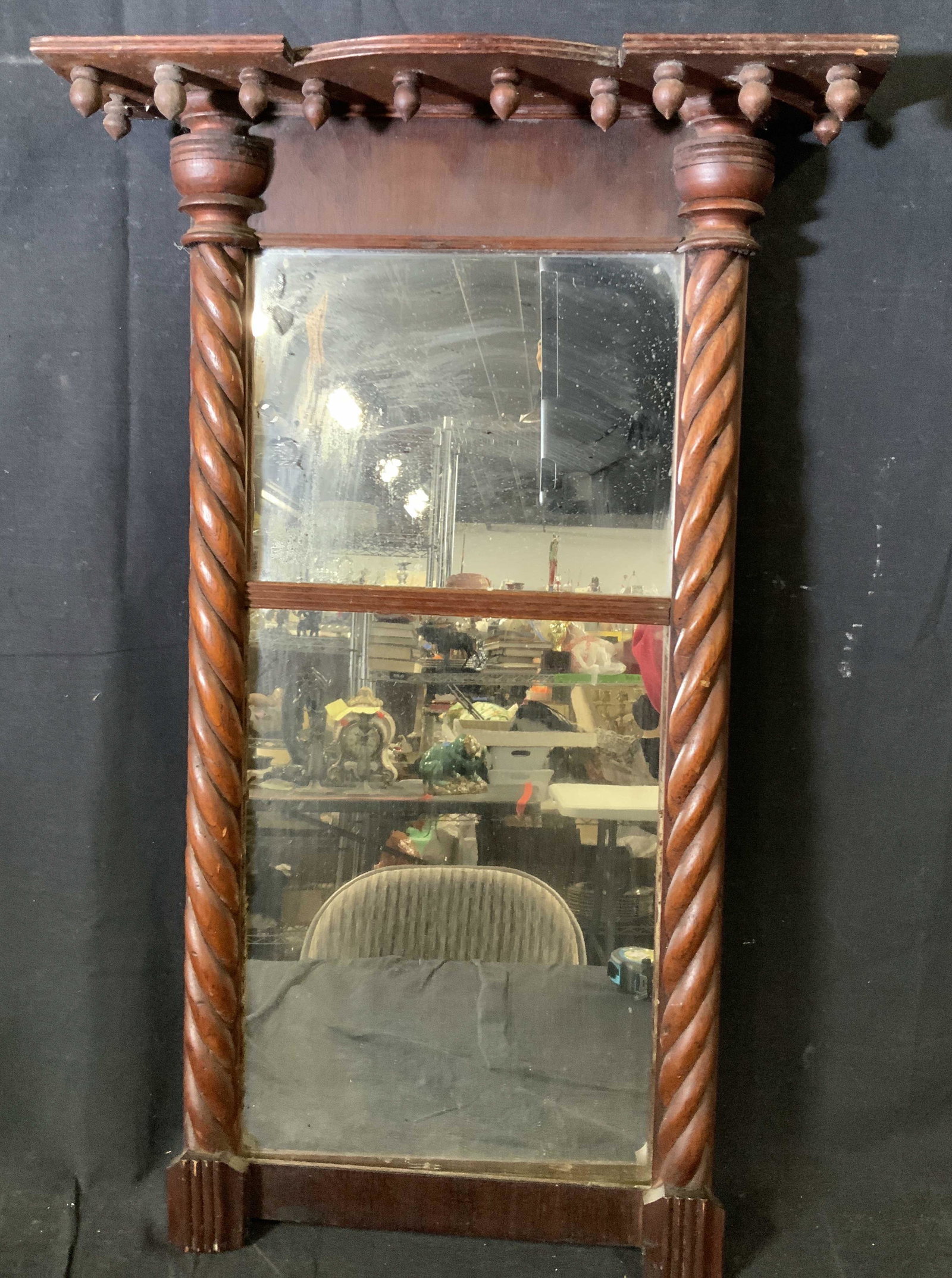 Vintage Wooden Framed Mirror with Cornice: Vintage Wooden Framed Mirror with Cornice, vintage possibly antique, no apparent inscriptions or stamps, measures 23 1/2 x 15 1/8 inches at widest point, some wear consistent with vintage condition, P