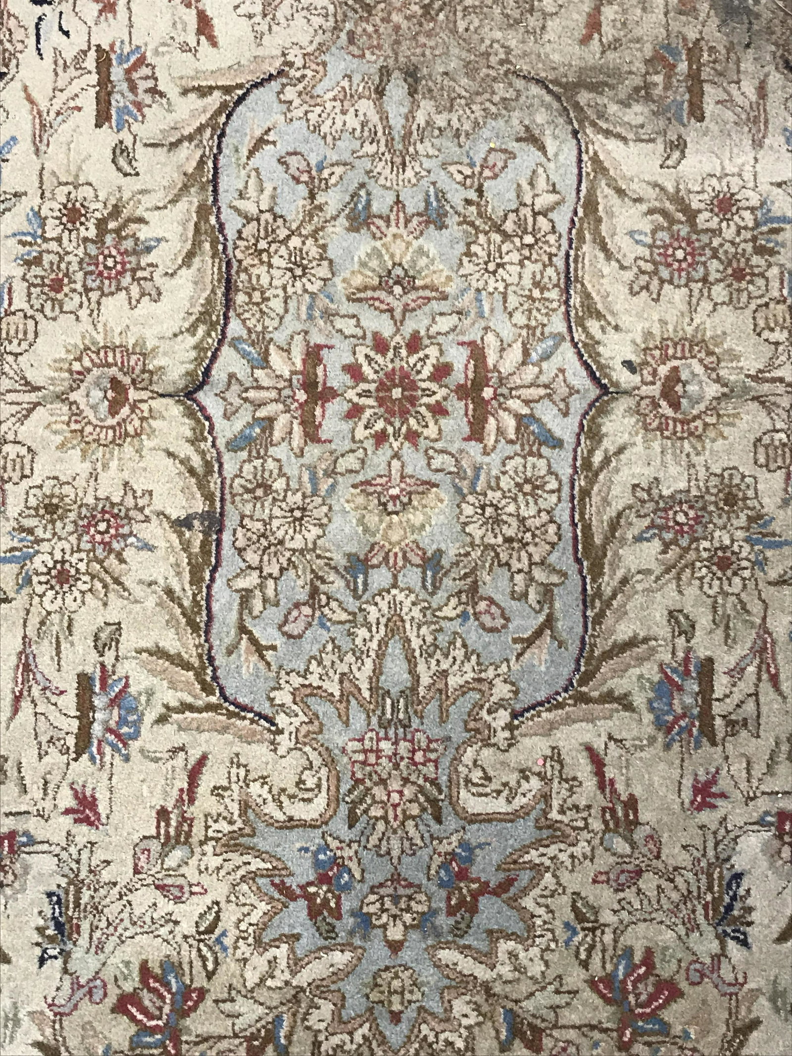 Vintage Art Nouveau Carpet: Vintage wool carpet, possibly antique, area rug. Needs cleaning, odor present. Intricate Art nouveau print, vintage wool rug. Measures approx 119 inches W, 157 inches long. Area rug, wool rug, art nou