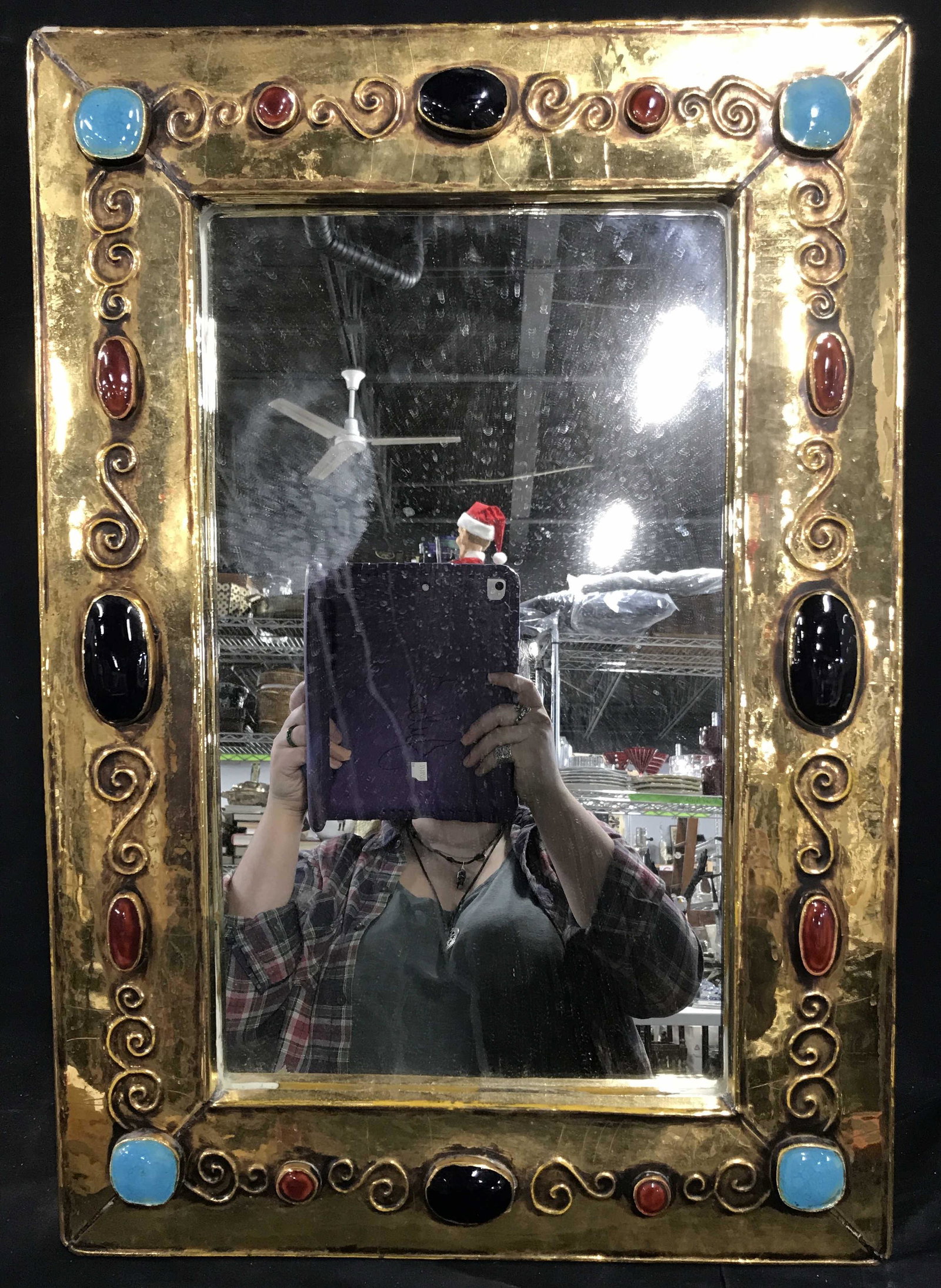 Hand Painted Cement Cast Mirror W Cabachons: Hand Painted Cement Cast Mirror, possibly cement or heavy weight plaster, painted mainly gold with hand painted gem decor throughout, stain to mirror appears to be easily cleanable, some wear and chip