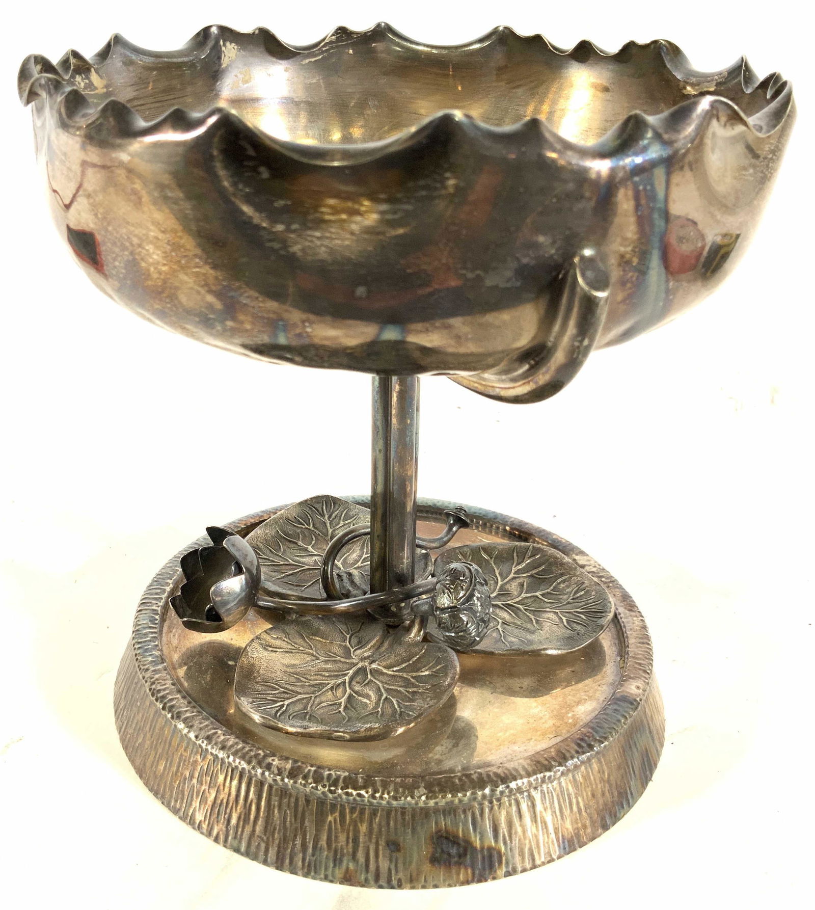 HUKIN&HEATH Antique Silver Pedestal Bowl, England: Circa 1880’s Victorian antique English Silver Vessel Card receiver, centerpiece, tazza, compote, antique English silver vessel, footed Bowl, hand chased, applied Lilly pad and blossom motif, leaves