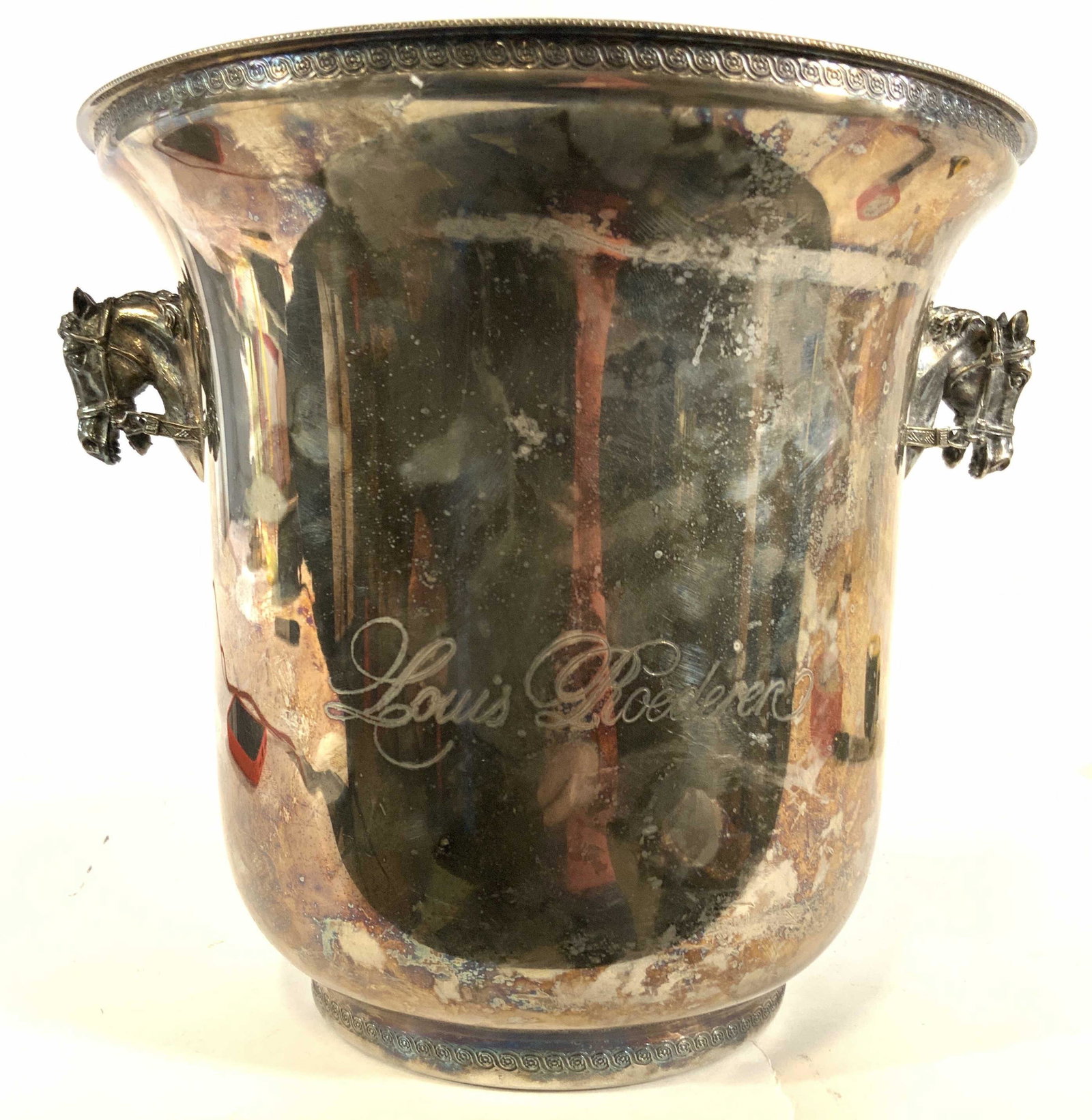 Vintage PRODUX French Silver Plate Ice Bucket: Engraved with name and monogram, Louis Roederer Silver Plate Champagne Bucket with horse head handles Early Produx S.A. French Silver Plate Ice Bucket, Champage Bucket, Wine Cooler, with detailed hors