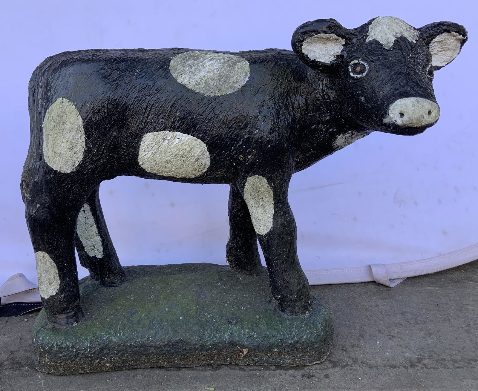 Antique Stone Cow Garden Sculpture: Antique Stone Cow Sculpture, vintage possibly antique, no apparent inscriptions or stamps, hand painted, subject a standing cow, measures 18 1/4 x 22 5/8 inches at widest point, wear consistent with v