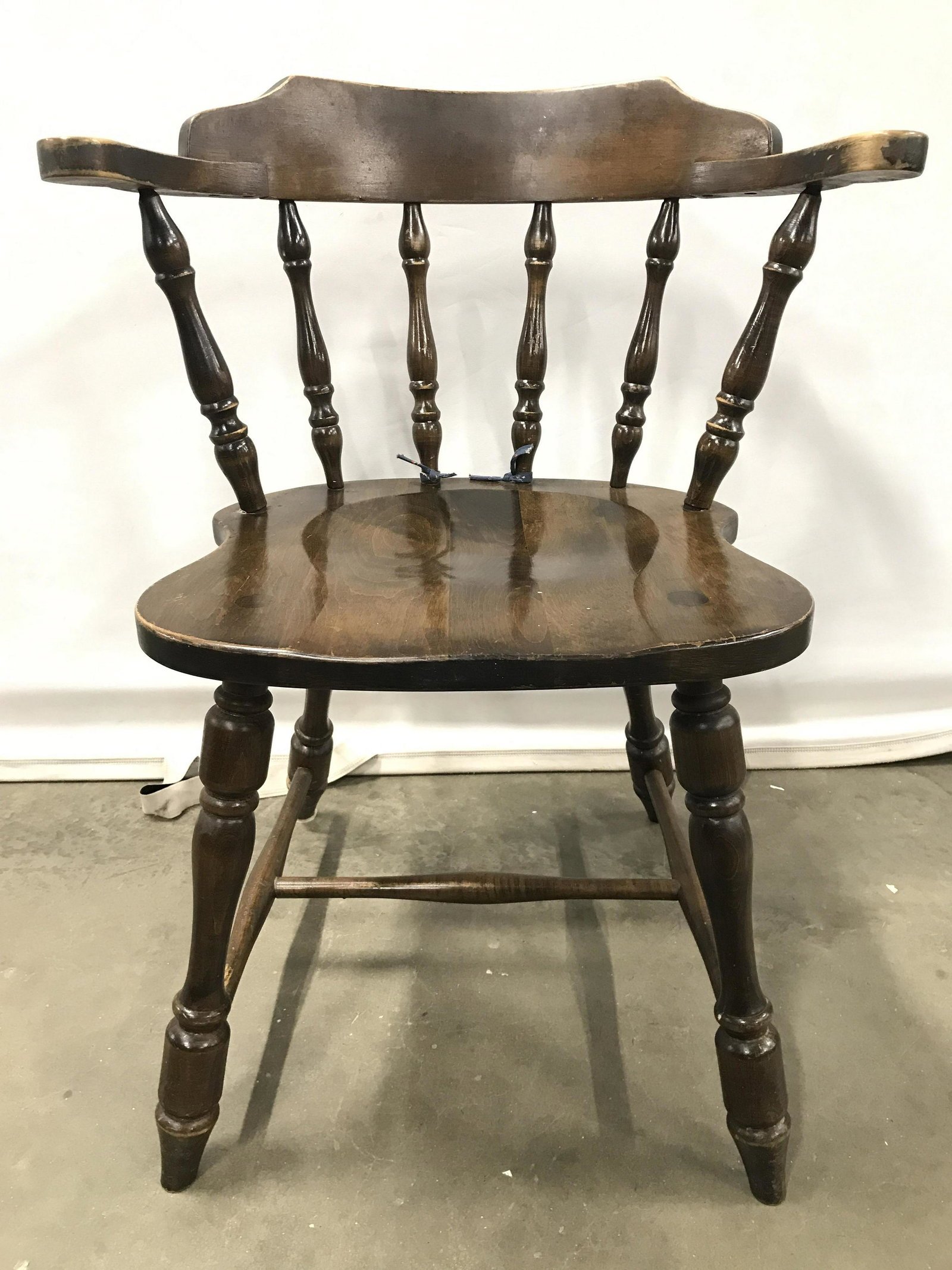 HALL Vintage Carved Wooden Barrel Back Chair: Tag on underside reads HALL. Chair is vintage and wooden, possibly antique. Chair has barrel backrest. Piece is possibly hand crafted. Piece measures approximately 29 inches tall 24 inches wide 19 inc