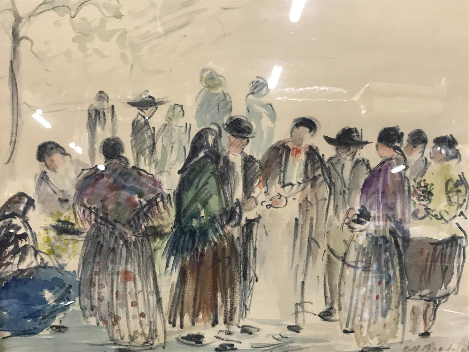 Signed Watercolor Abstract Expressionist Painting: Signed watercolor abstract expressionism painting, signature to the lower right corner illegibly written possibly reads ‘Bill Baodelet’, subject a busy scene of abstract figures in different style