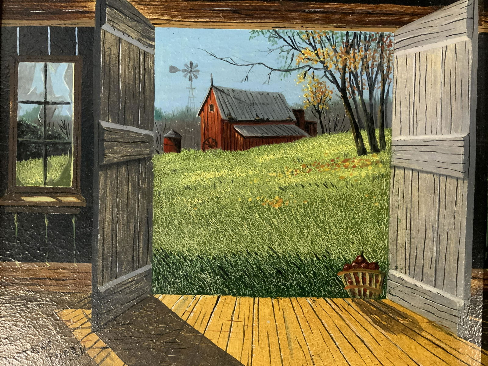 THOMAS KERRY Signed Oil Painting Artwork: THOMAS KERRY Signed Oil on panel Painting, signature to lower left reads ‘Thomas Kerry’, subject doors opening to a landscape, measures 10 3/4 x 12 7/8 inches, wooden frame, some minor scuffs to f