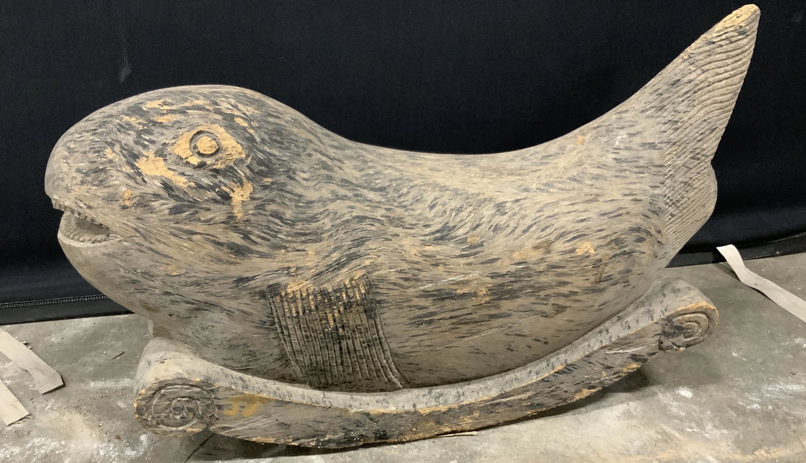 Vintage Carved Fish Folk Art Rocker Toy: Lawn ornament appears to be vintage, possibly antique, wooden fish rocker. Piece measures approximately 28 inches long 17 inches tall, and 7.75 inches deep. Folk art, wooden fish, vintage toys, antiqu
