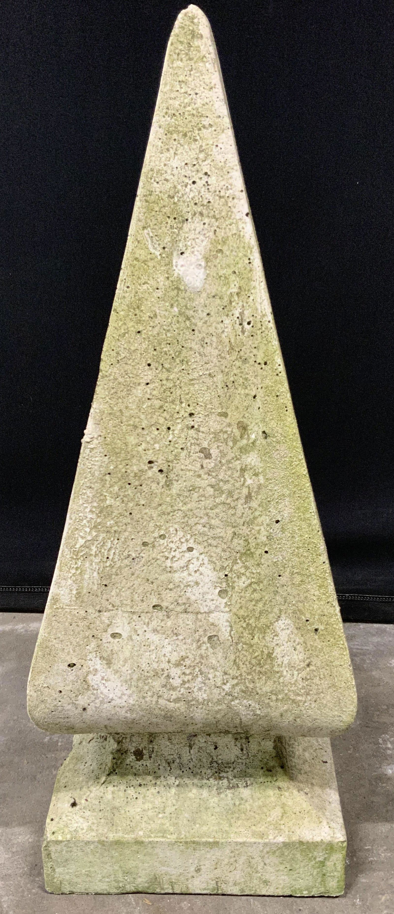 Vintage Cast Concrete Obelisk Garden Statue 21in h: Vintage concrete finial / obelisk ornament. Measures approx 21 inches H, 7.75 inches W, and 7.5 inches deep. Wear is consistent with age and exposure. Property of Janine Metz social secretary to Briti