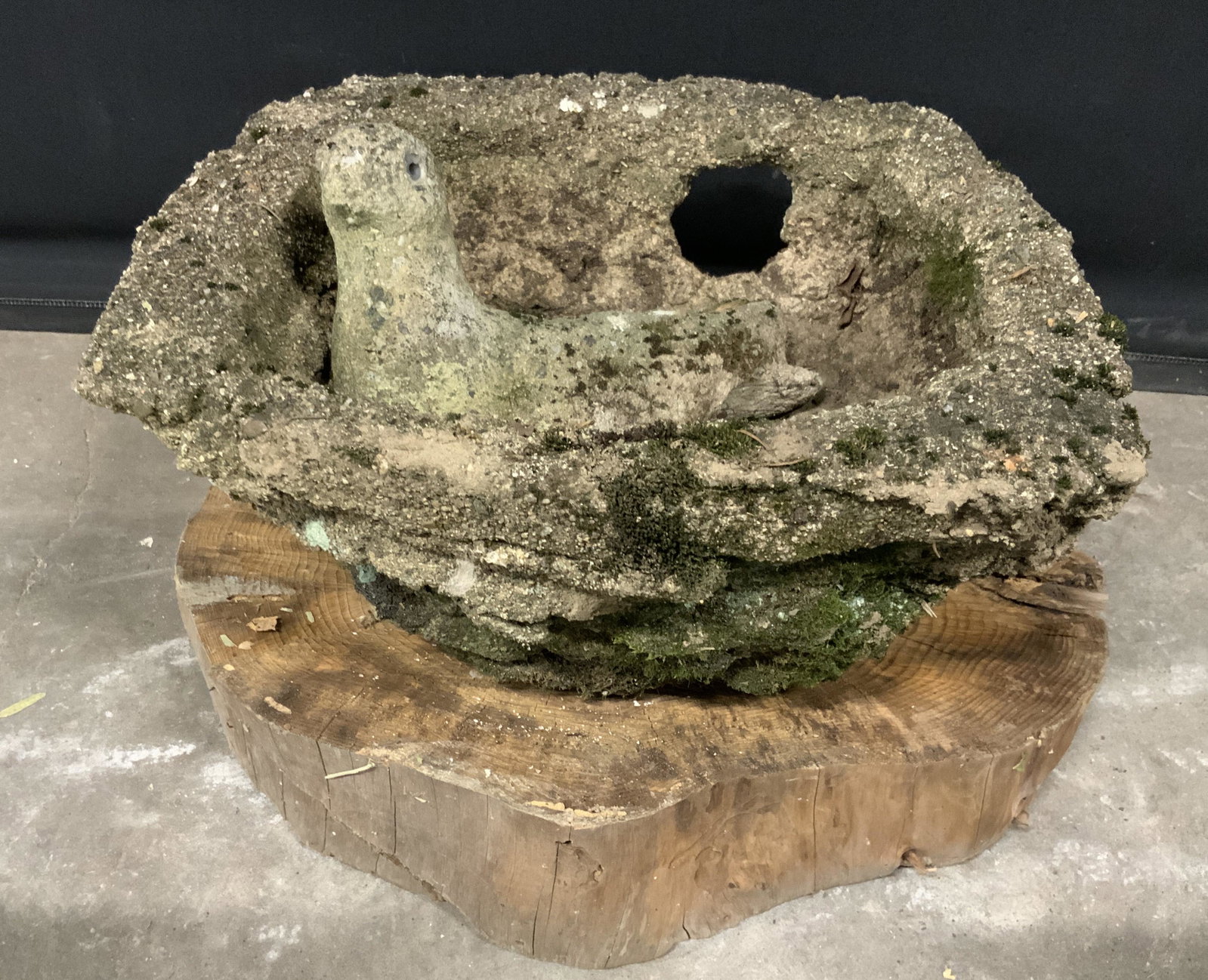 Stone Garden Planter & Bird Statue w Wooden Base: Vintage stone planter and bird sculpture, includes a cut wooden base. Largest piece measures approx 7.5 inches H, and 15.25 inches W. Wear is consistent with age and exposure, loss is present on the p