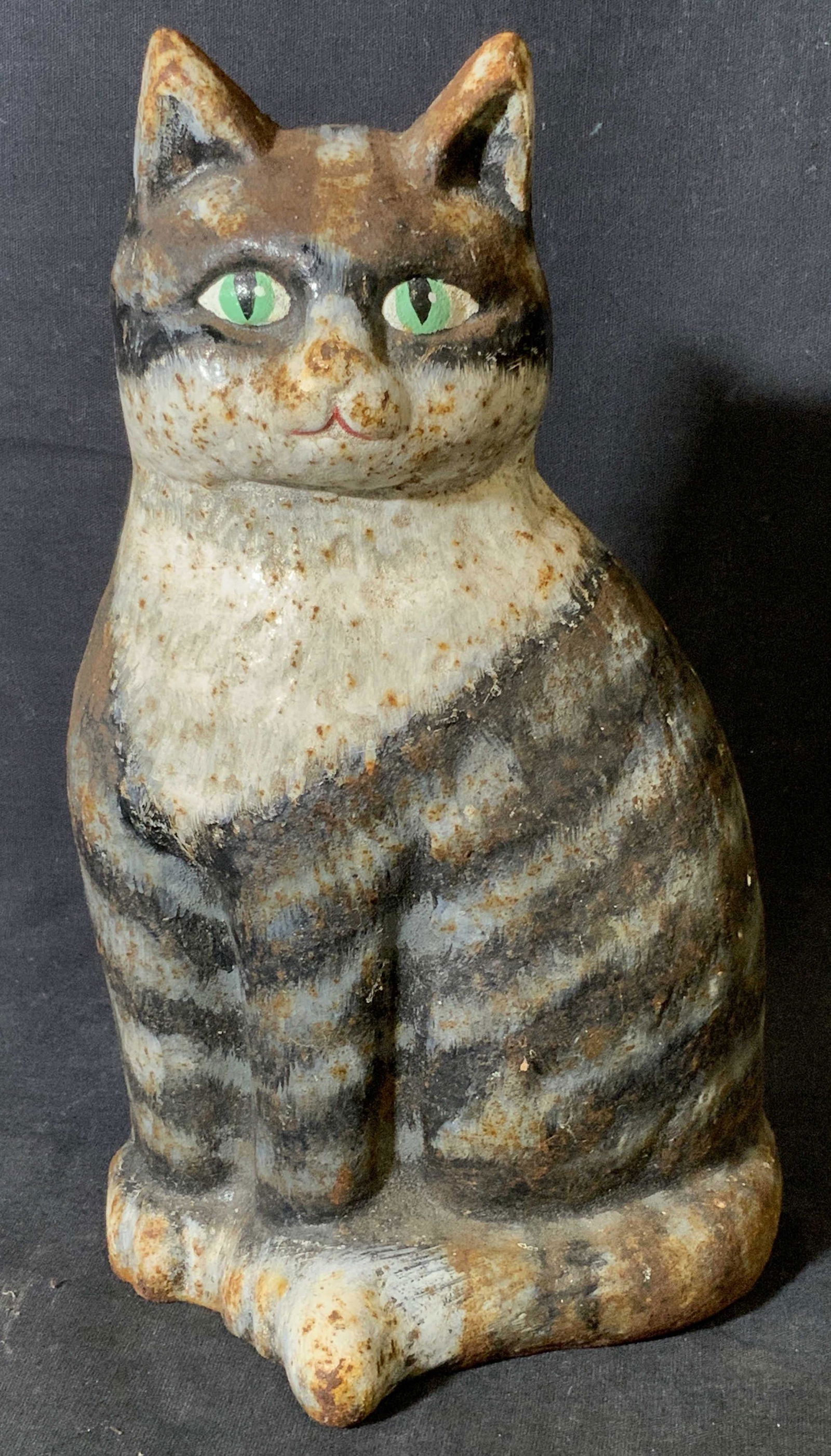 Vintage Hand Painted Cast Iron Cat Door Stop: Vintage Hand Painted Cast Iron Cat Door Stop, vintage possibly antique, no apparent inscriptions or signatures, subject a grey stripped cat, some chips and wear to paint from age, measures 9.75 inches