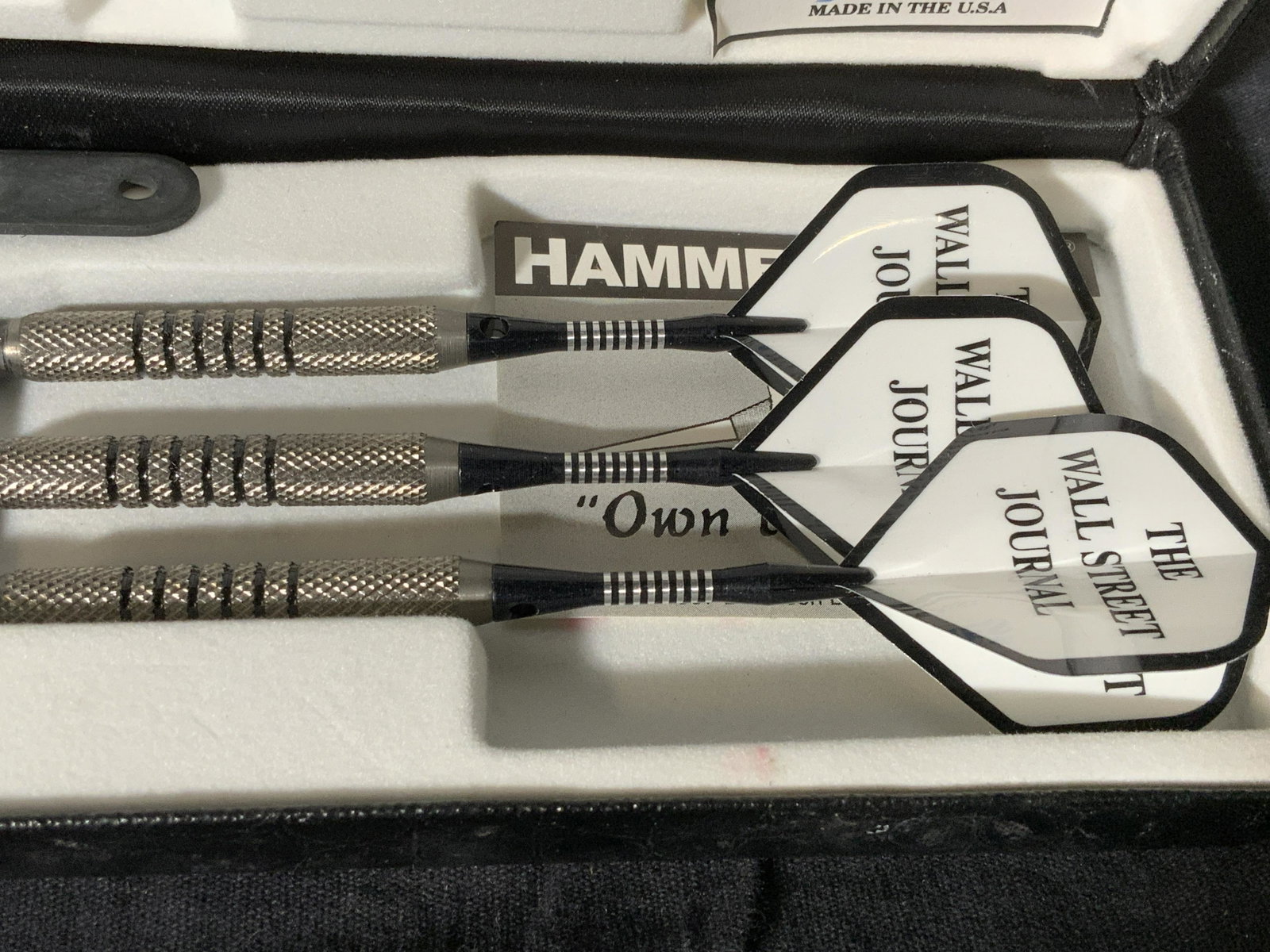 Wall Street Journal Collectible Boxed Darts: Wall Street Journal collectible darts, darts come in original box, three darts in collection along with accessories for each, card to interior gives information on production of darts, made in the USA