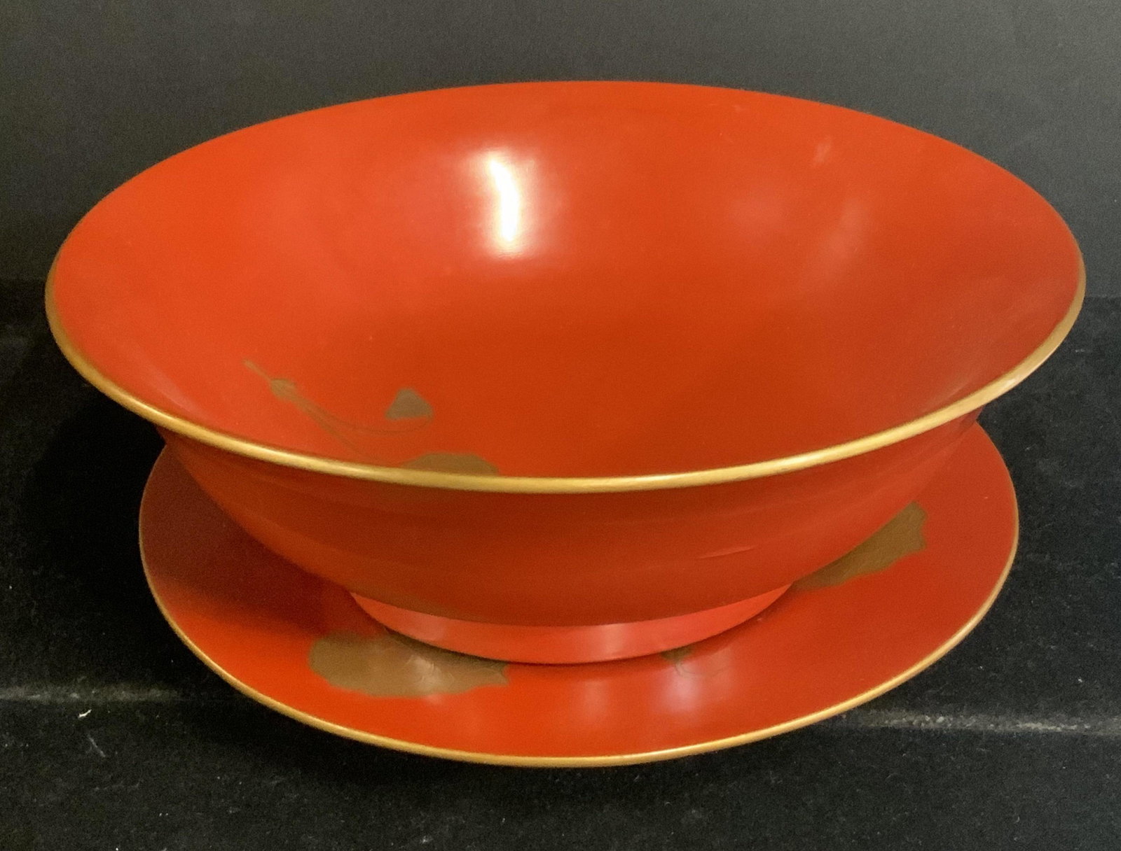 Early Meiji Asian Antique RED LACQUER Bowl & Plate: Antique early Meiji period (period dates 1868 - 1912) red lacquer bowl and plate. Both bowl and plate feature the same designs. Leaf motifs, possibly lotus leaves, gold and silver tone. Gold tone rims