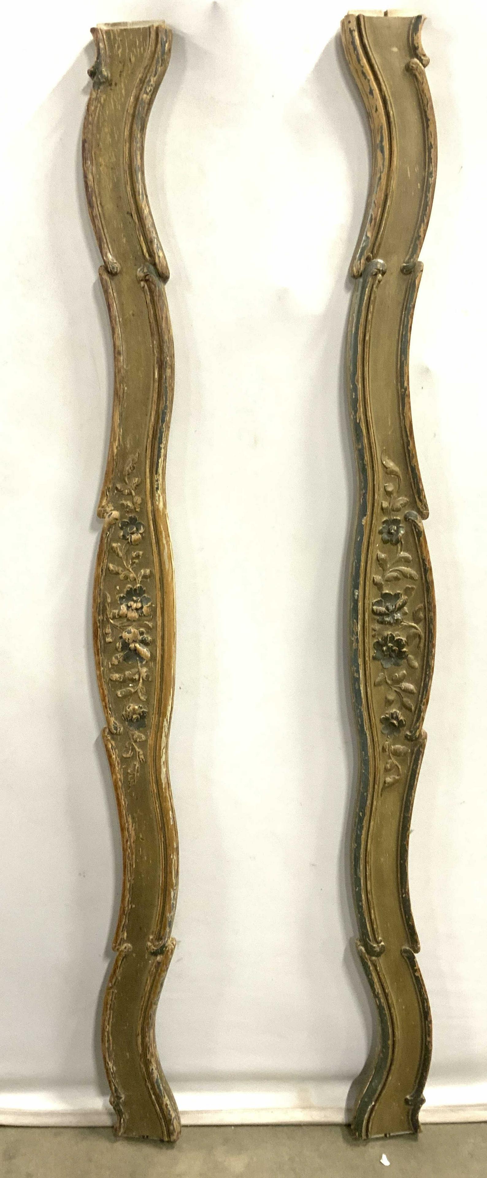 Antique Hand Painted Wood Wall Hanging Decor: Wall hangings are antique. Each piece is wooden possibly hand carved. Each have carved flora & leaf detail. Possibly once part of bed, possibly part of a curtain balance, up cycle decorative architect