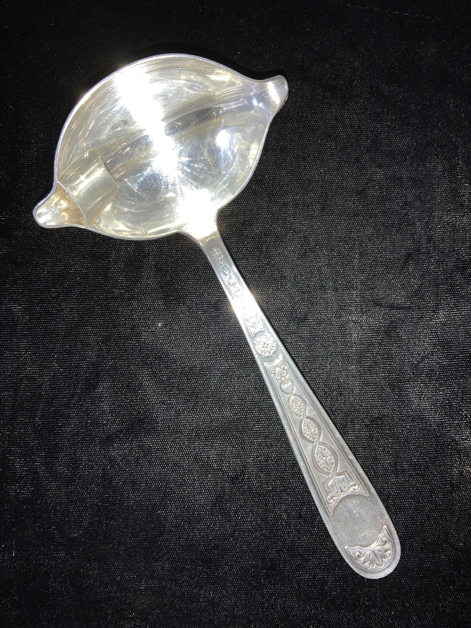 CHRISTOFLE STERLING SILVER 2 Spout Ladle, Antique: LUXURY CHRISTOFLE FRANCE, Hallmarked on base of handle. Additional sterling hallmark trademarks along rim of spoon. Tested for sterling on puriTEST, tested +. Victorian chased pattern on both sides of