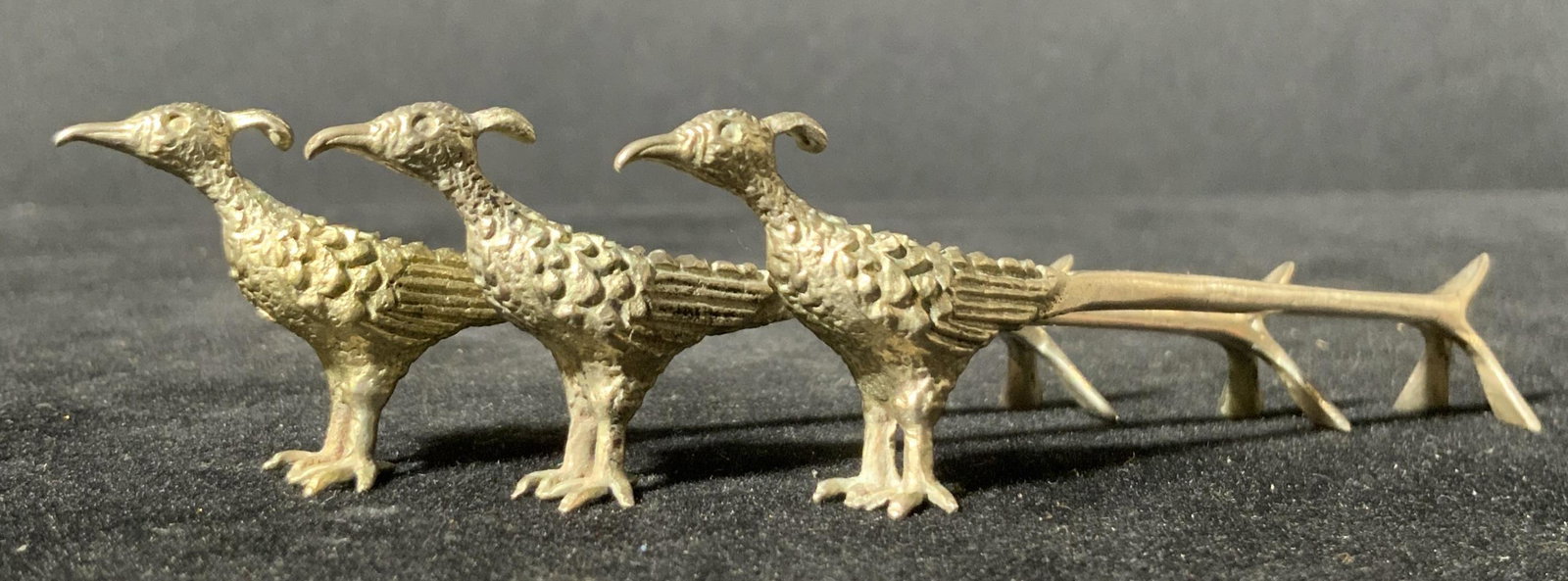 Set 3 Vintage STERLING SILVER Tabletop Knife Rests: Three vintage sterling silver utensil rests. Used to rest your knife, chopsticks, forks, and more. The pieces display etched and polished metalwork. Each rest is topped with a pheasant form. Each piec