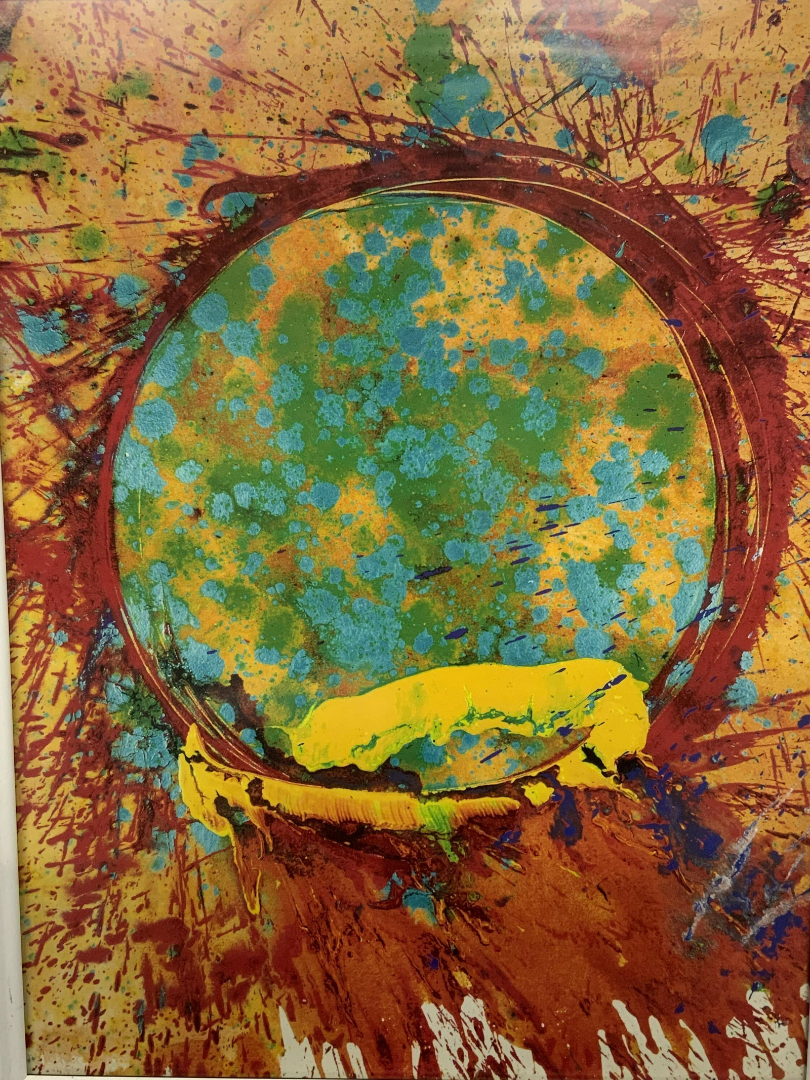 Abstract Expressionist Framed Print on Board, Art: Abstract expressionist framed print on board, no apparent inscriptions or signatures, subject a picture of a circle of paint with blotches around it, white wooden frame, some chips to frame, piece mea
