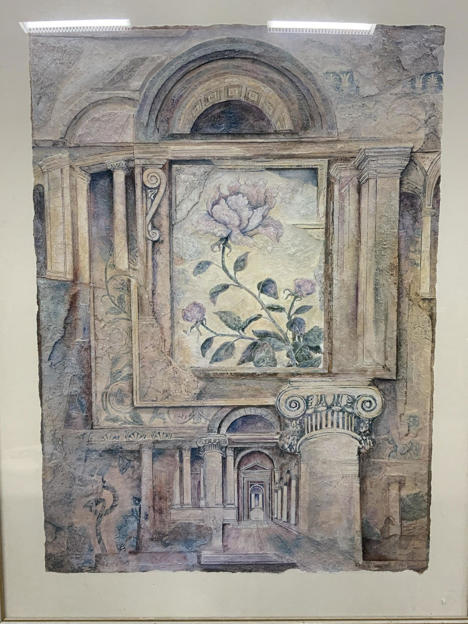 Offset Lithograph of Neoclassical Style Modern Art: Offset lithograph of neoclassical style modern art, no apparent signatures or inscriptions, subject a collage of classical stylized architecture and themes done in a pale blue and rosy color palette,