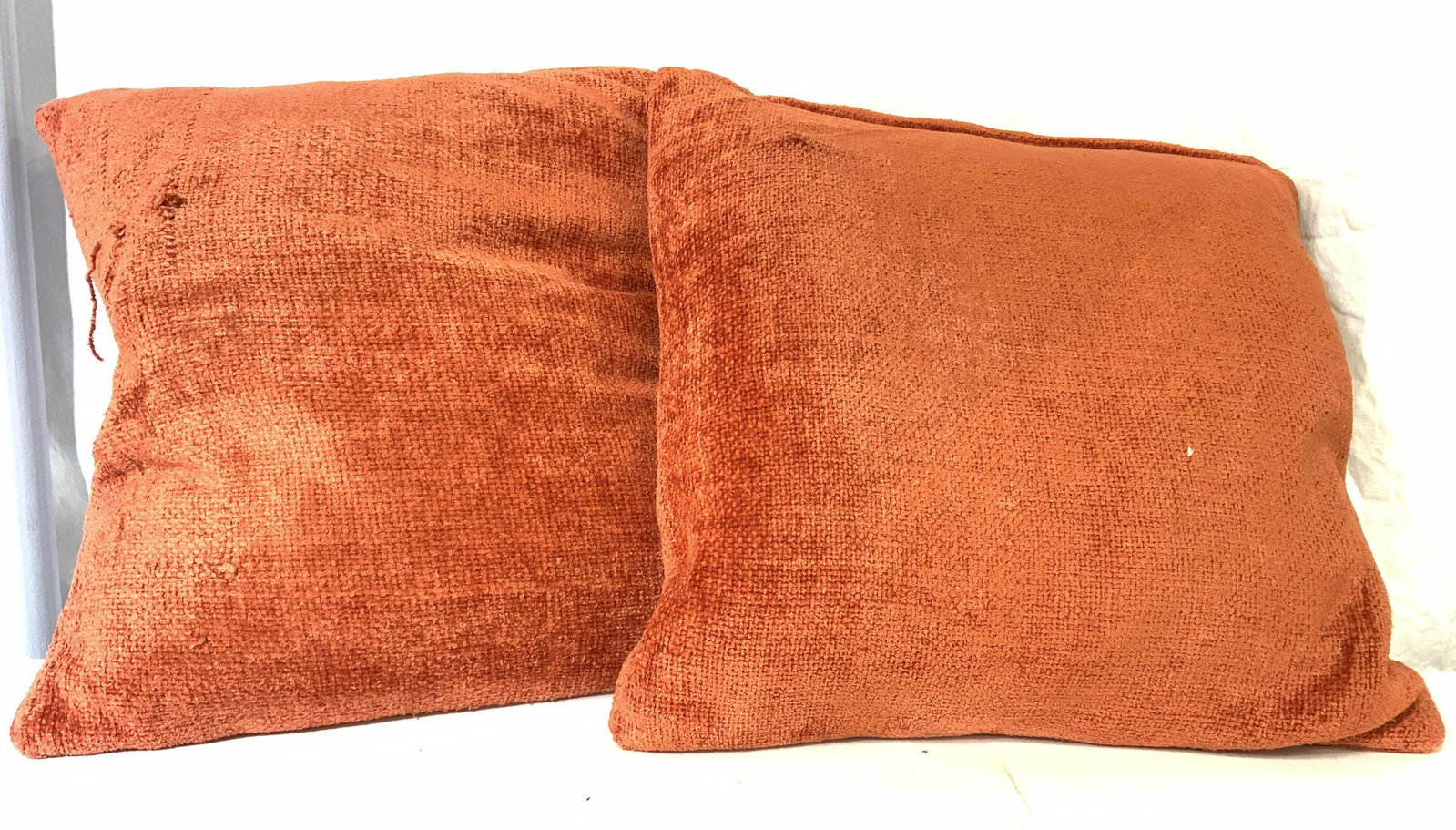 Pair Square Throw Pillows Sofa Pillows: Lot includes 2 pillows. Each have square shape and are Orange Aurora toned. Each measures approx 17 inches square. Pillows, throw pillows, sofa pillows, couch pillows, home decor, living room decor. P