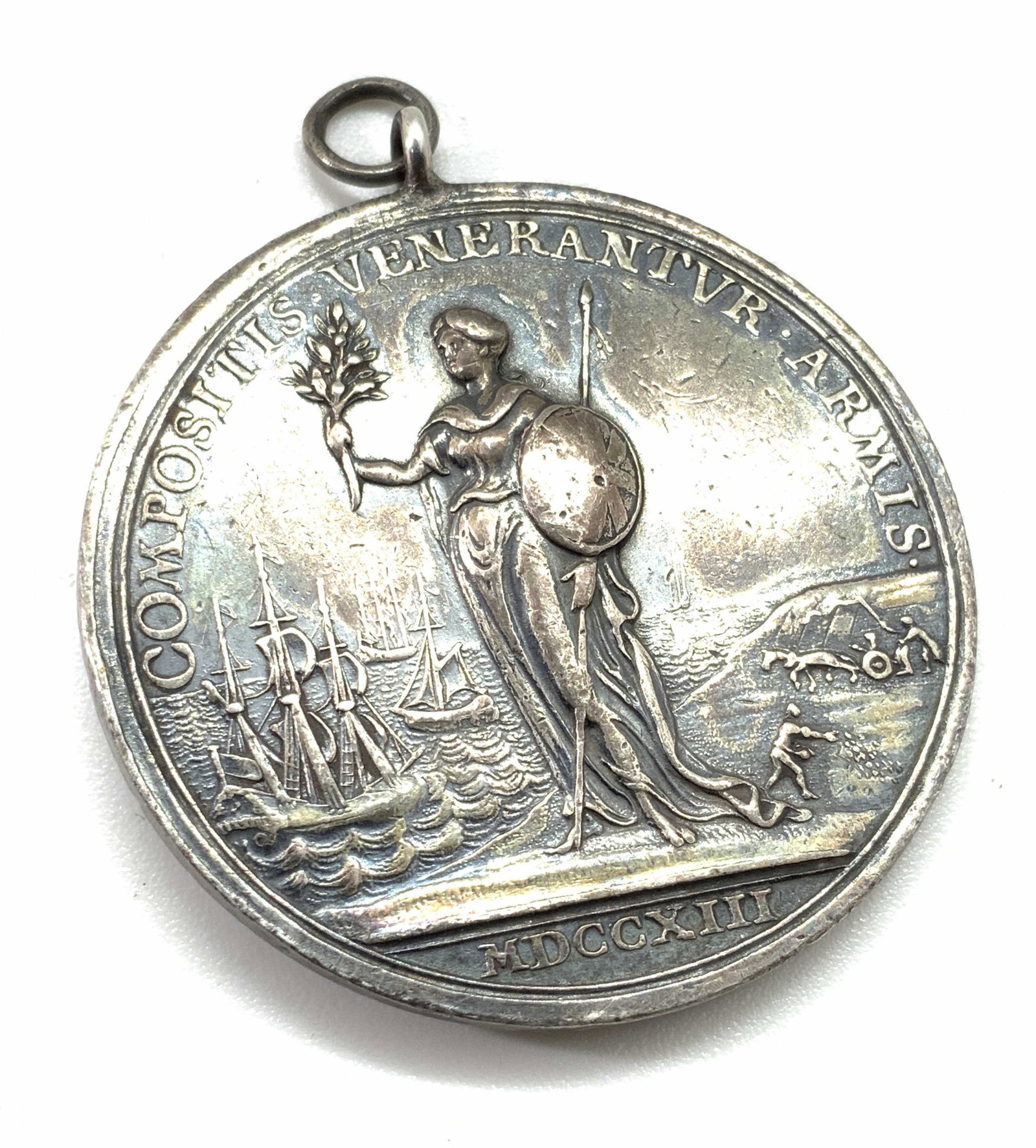 Vintage ANNA DGMAGBRI Medal Coin Pendant: Vintage, possibly antique, medal / coin that has been attached to a bail and jumper ring. Piece can be worn on a necklace chain. Piece reads: COMPOSITIS VENERANTVR ARMIS-ANNADGMAGBRI FR. ET HIBRIG. Pi