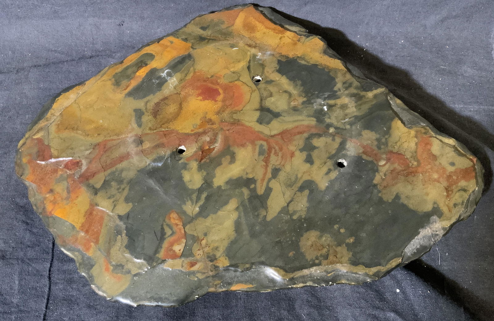 Stone Slab Footed Tray: Stone slab footed tray, piece possibly made of resin or covered in a resin seal, no apparent inscriptions or markings, subject a stone slab with three feet attached to the underside, piece has three h